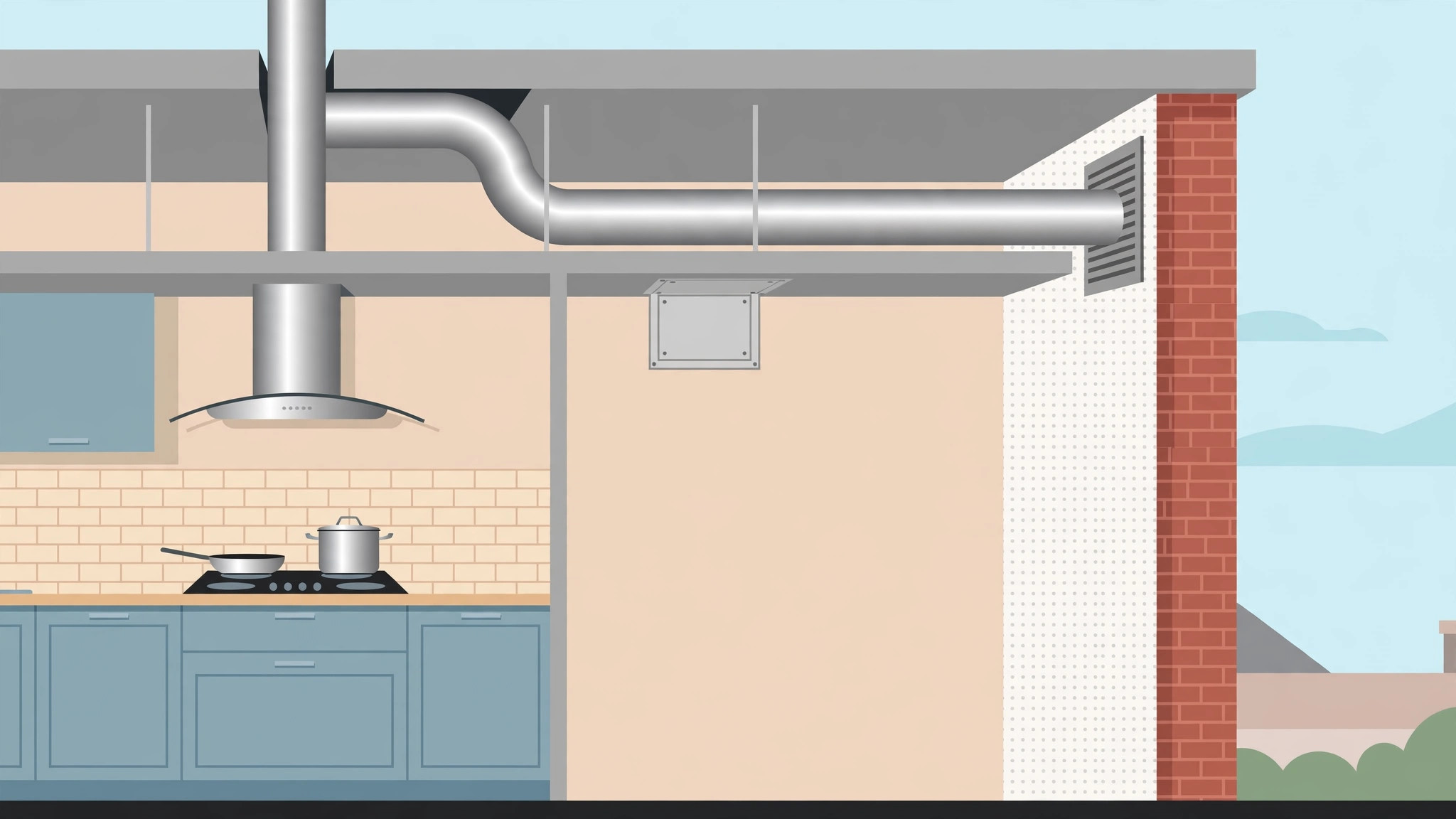 Diagram showing chimney duct routing and access panel in a kitchen ceiling