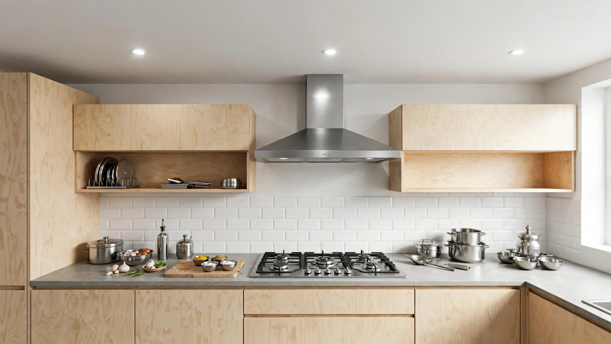 Kitchen hob zone with a flat tough ceiling above the cooking area