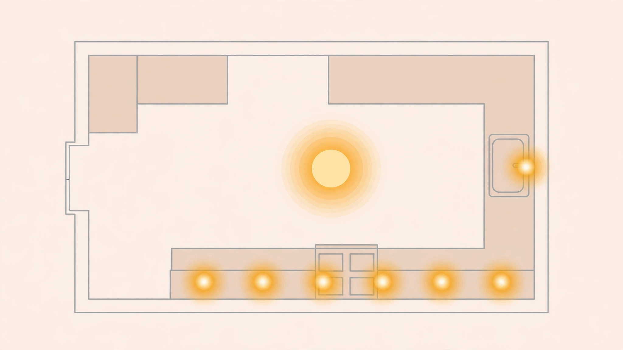 Plan-view diagram of lighting positions in a simple kitchen ceiling