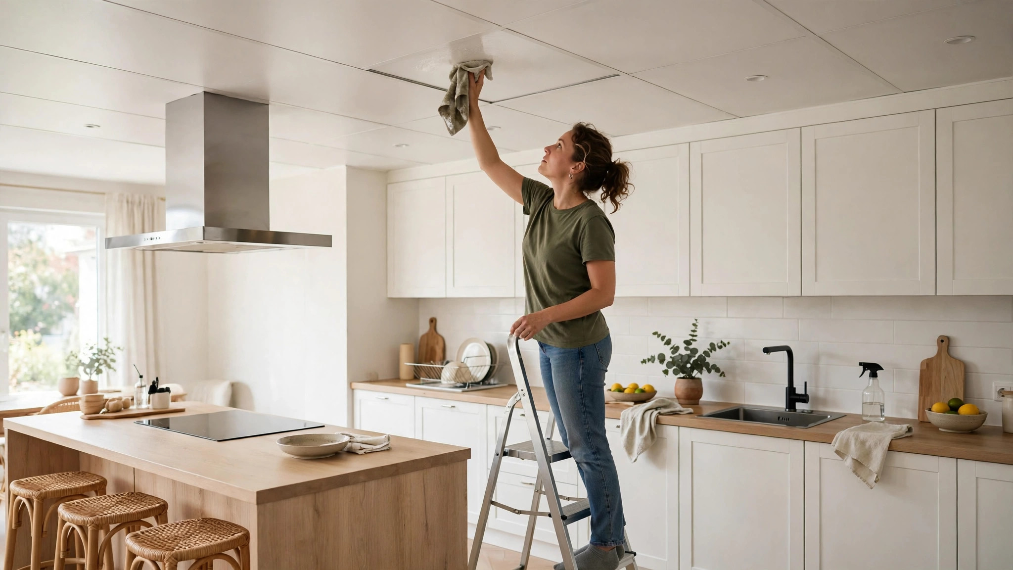 Person wiping down a kitchen false ceiling panel with a damp cloth