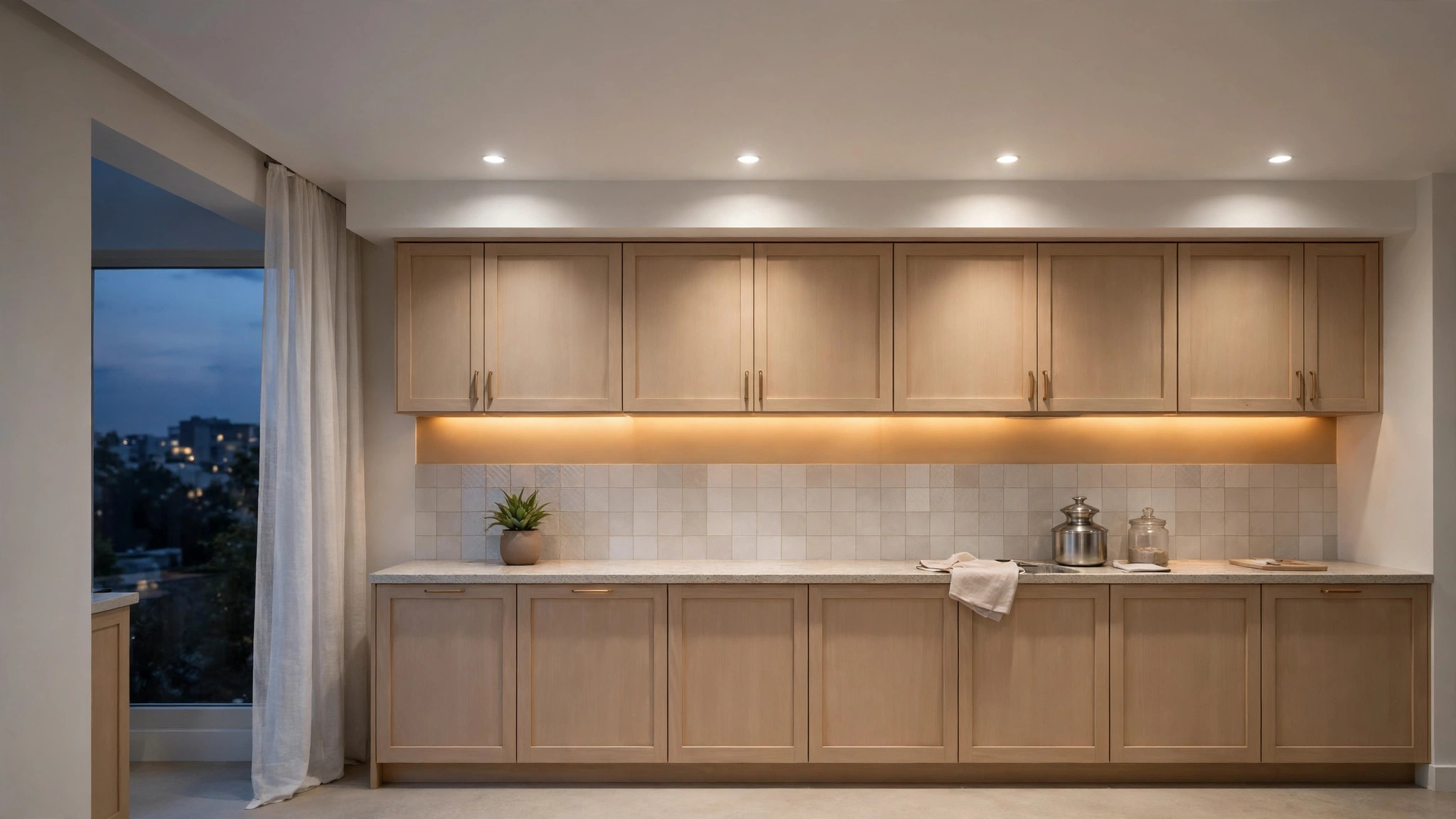 Simple kitchen at dusk with a clean flat ceiling and warm under-cabinet light