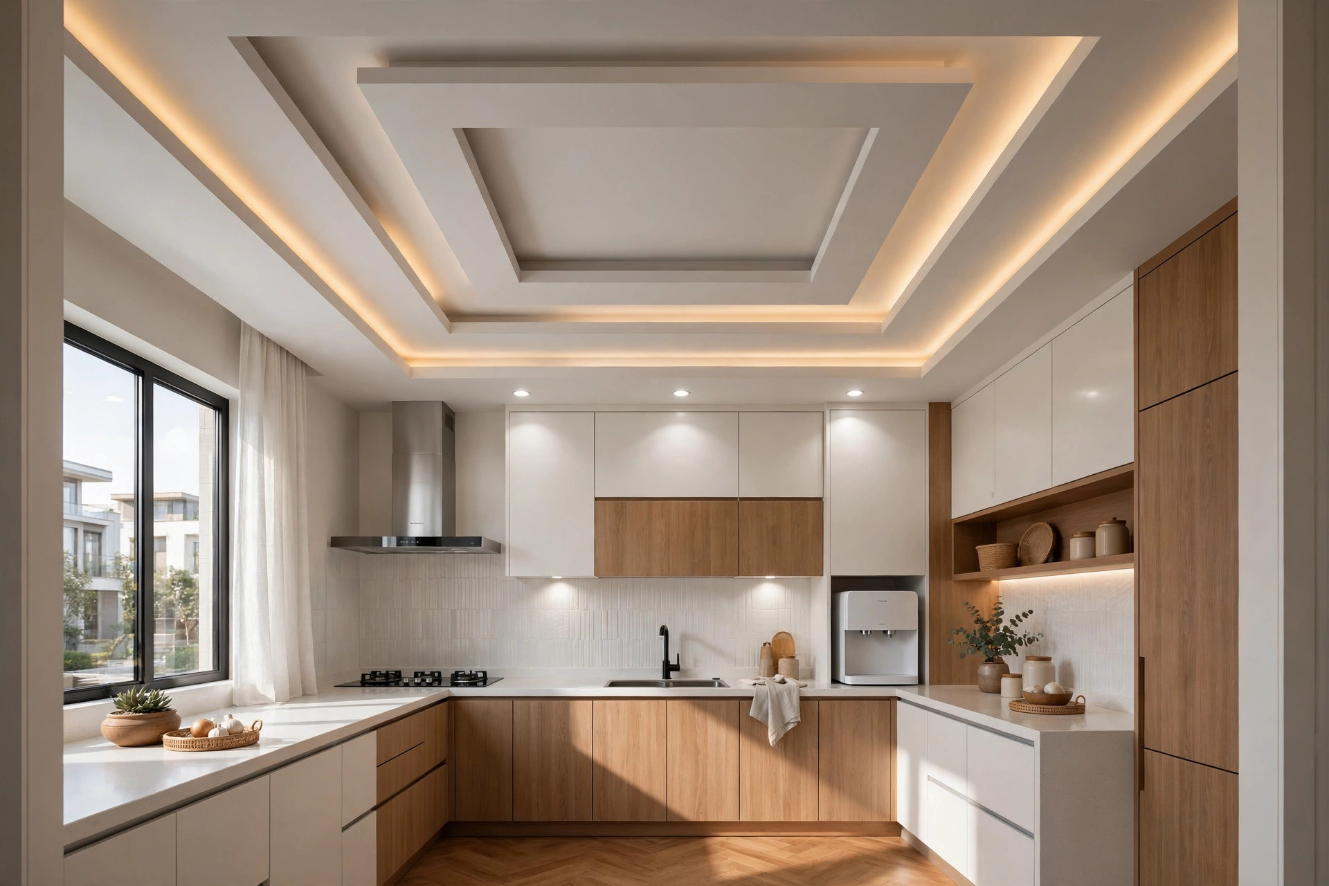 Modern Indian kitchen with a layered 2026-style false ceiling and recessed LED lighting