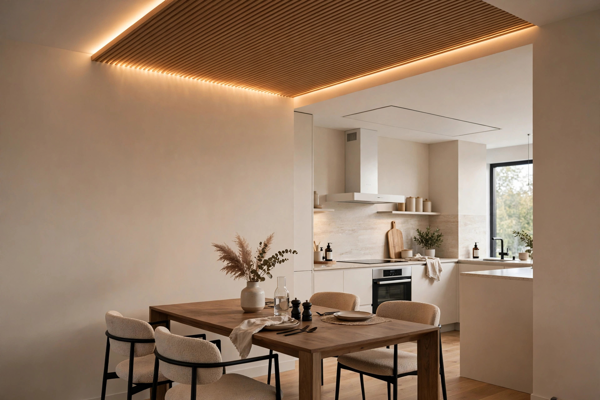 Kitchen with a fluted panel false ceiling accent away from the cooking zone