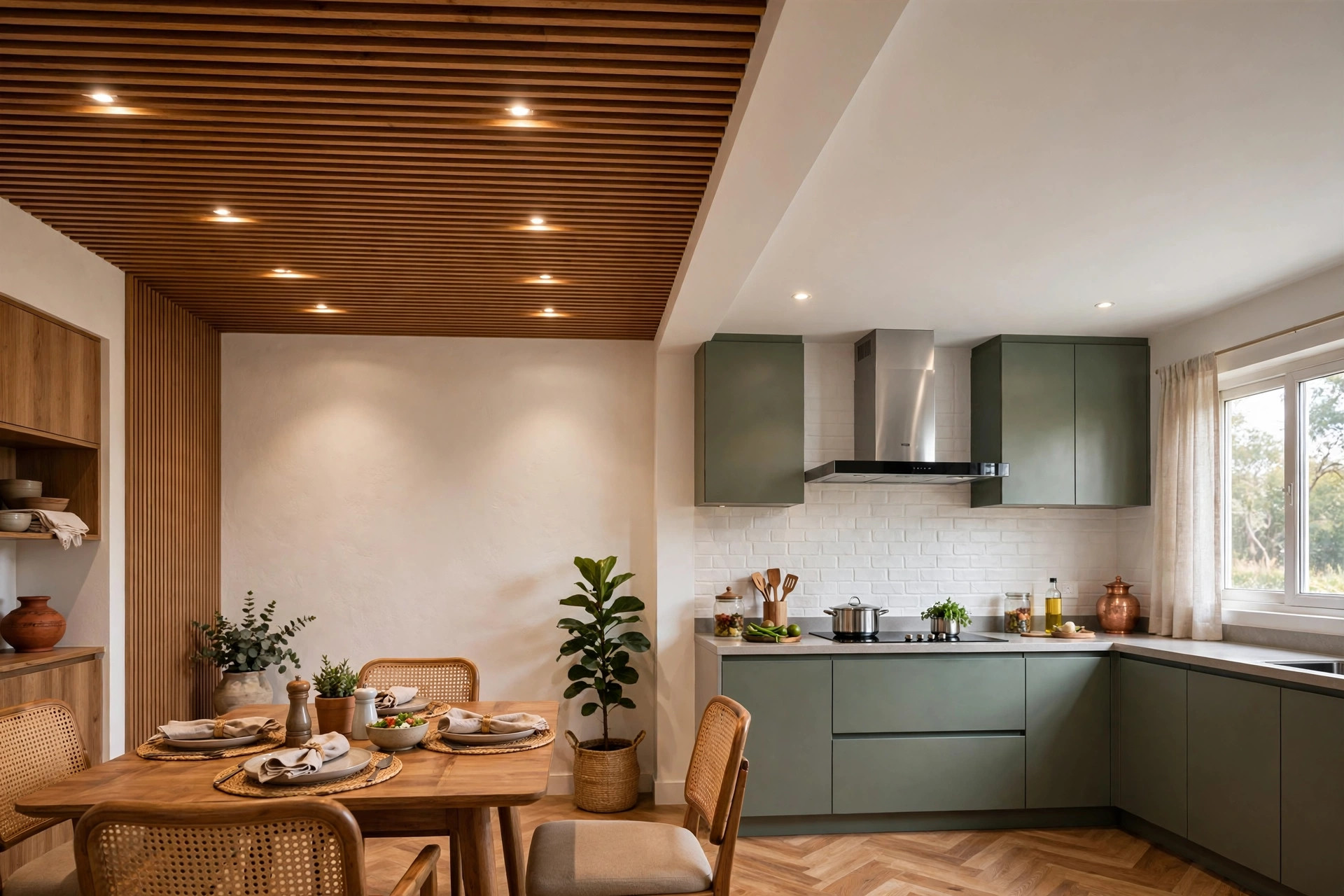 Kitchen dining side with wooden slat false ceiling accent and recessed spots