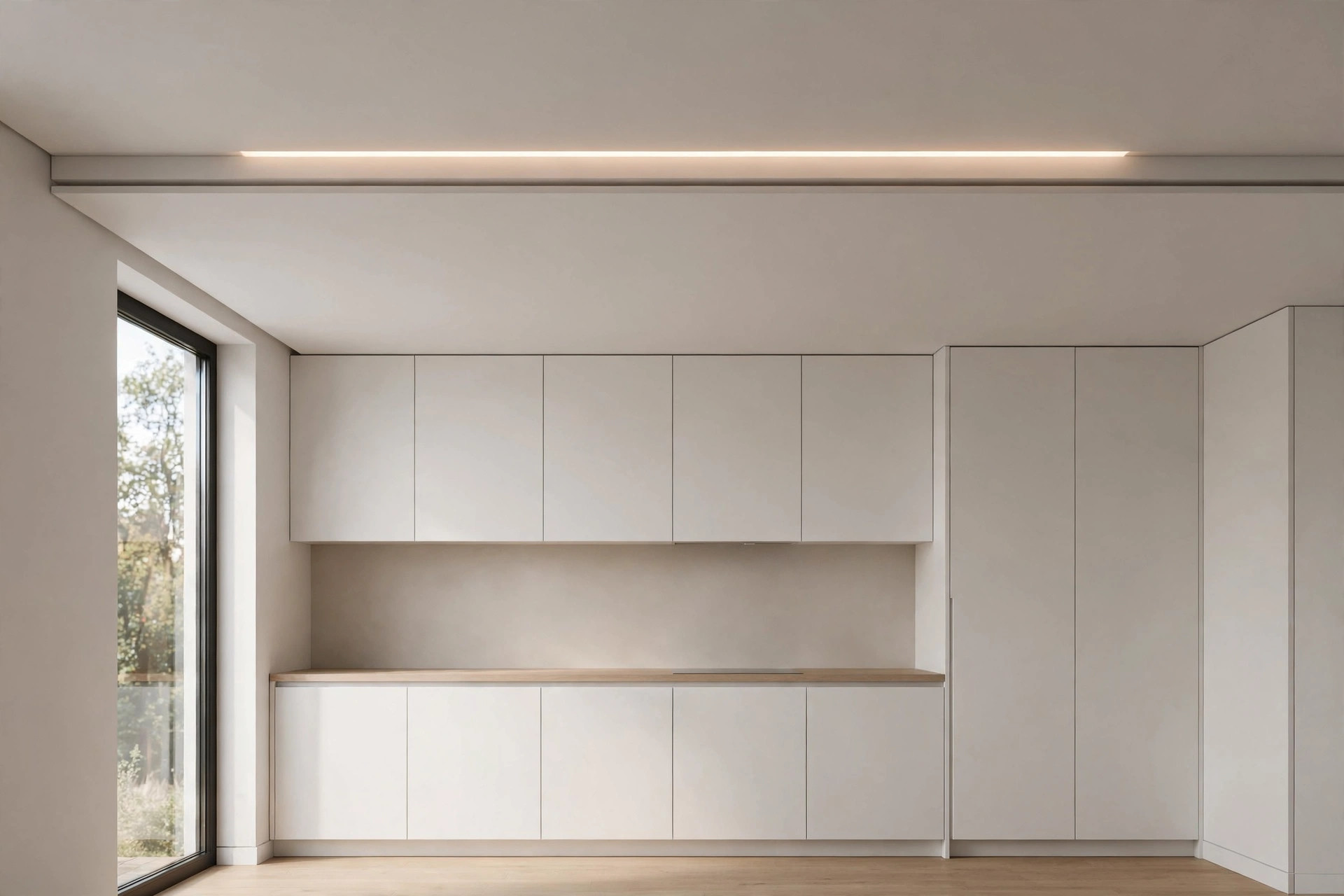 Kitchen with a minimal layered false ceiling and hidden LED strip