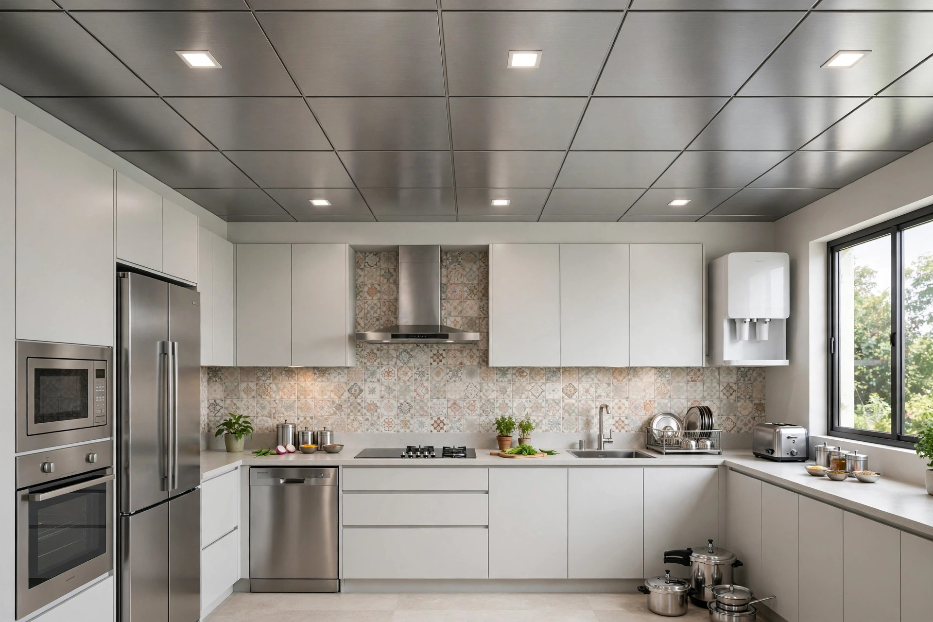 Kitchen with a brushed aluminium panel false ceiling