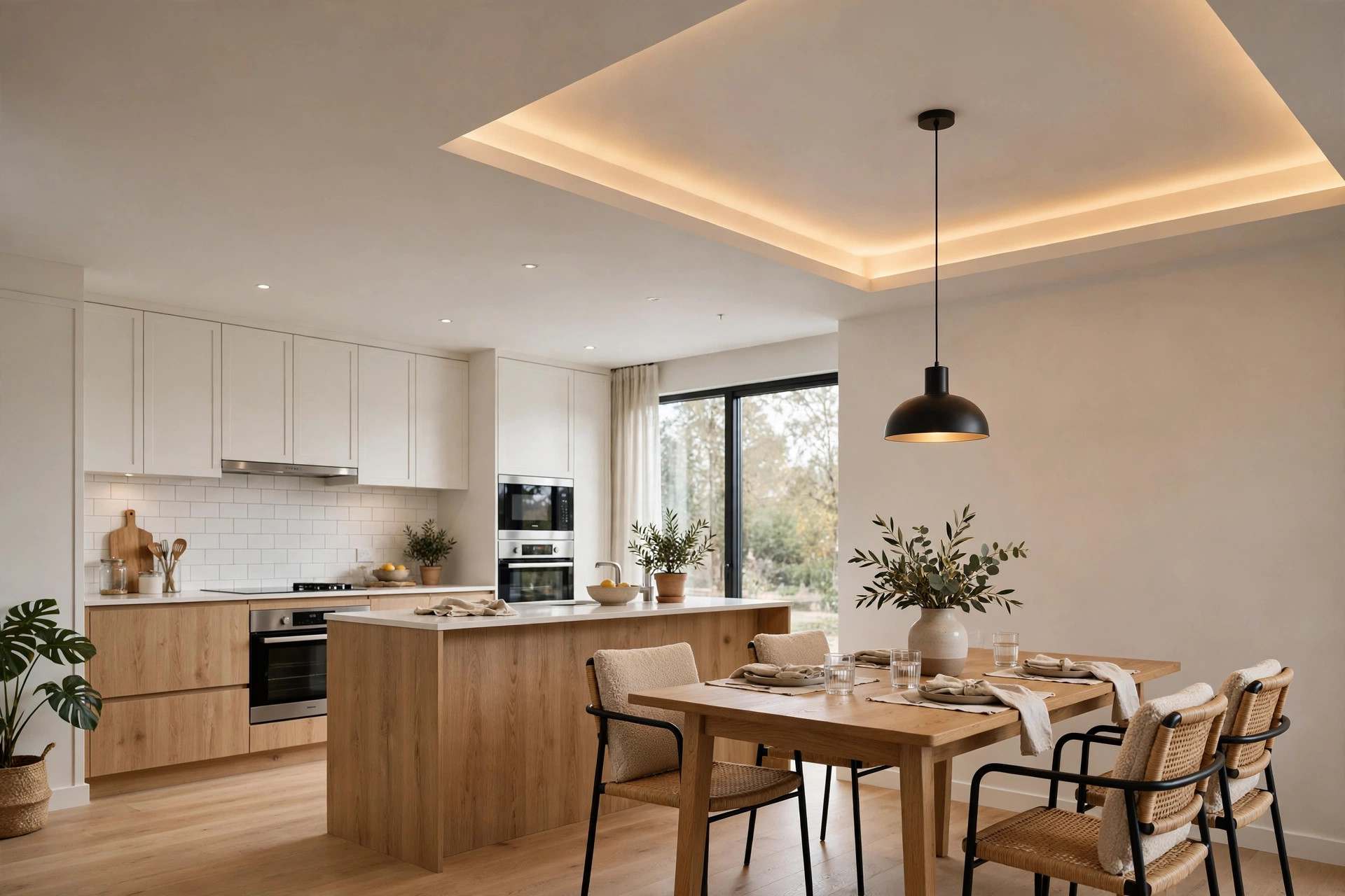 Open-plan kitchen with a tray ceiling and pendant over the dining table