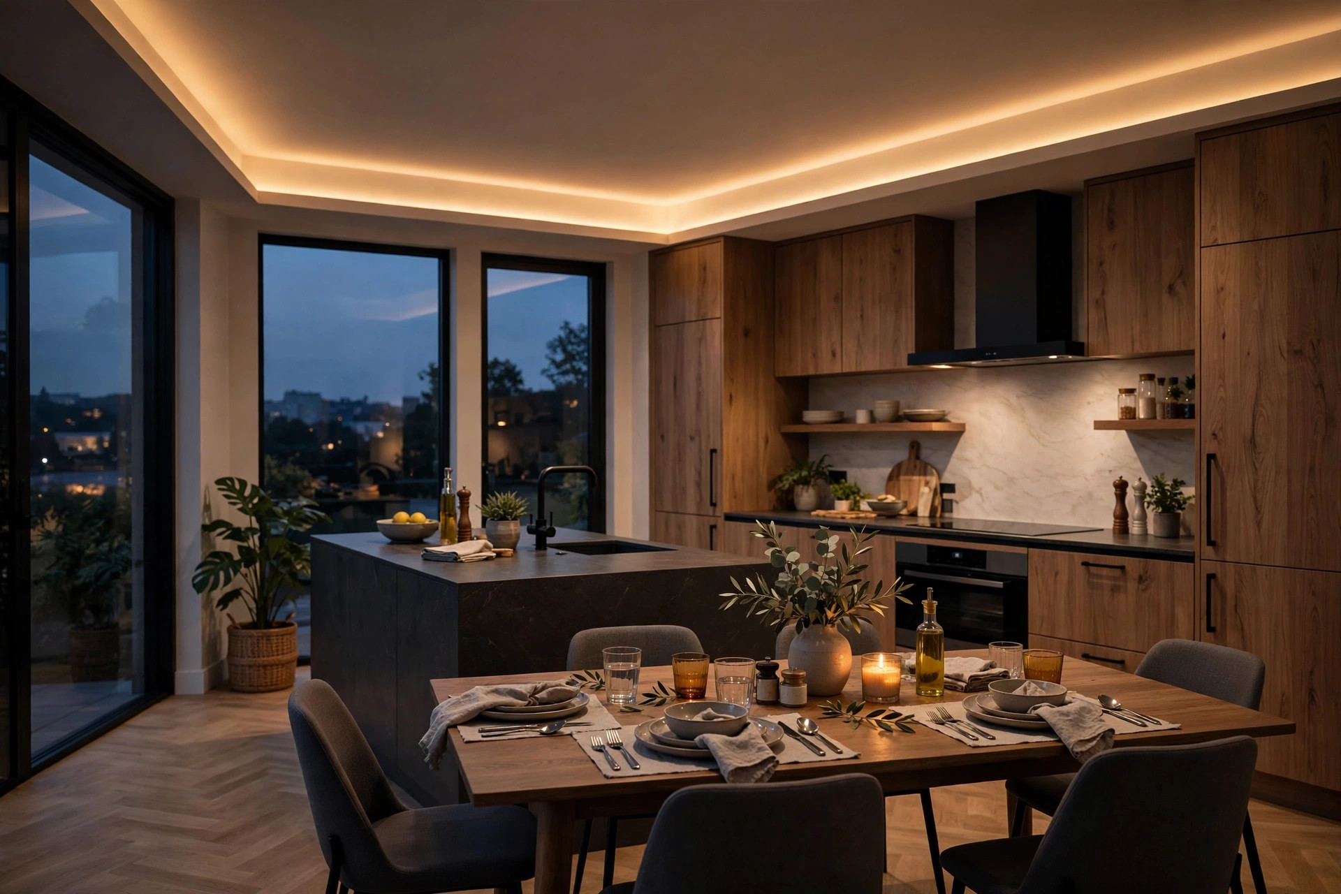 Kitchen ceiling with smart dimmable lighting in evening dining mode
