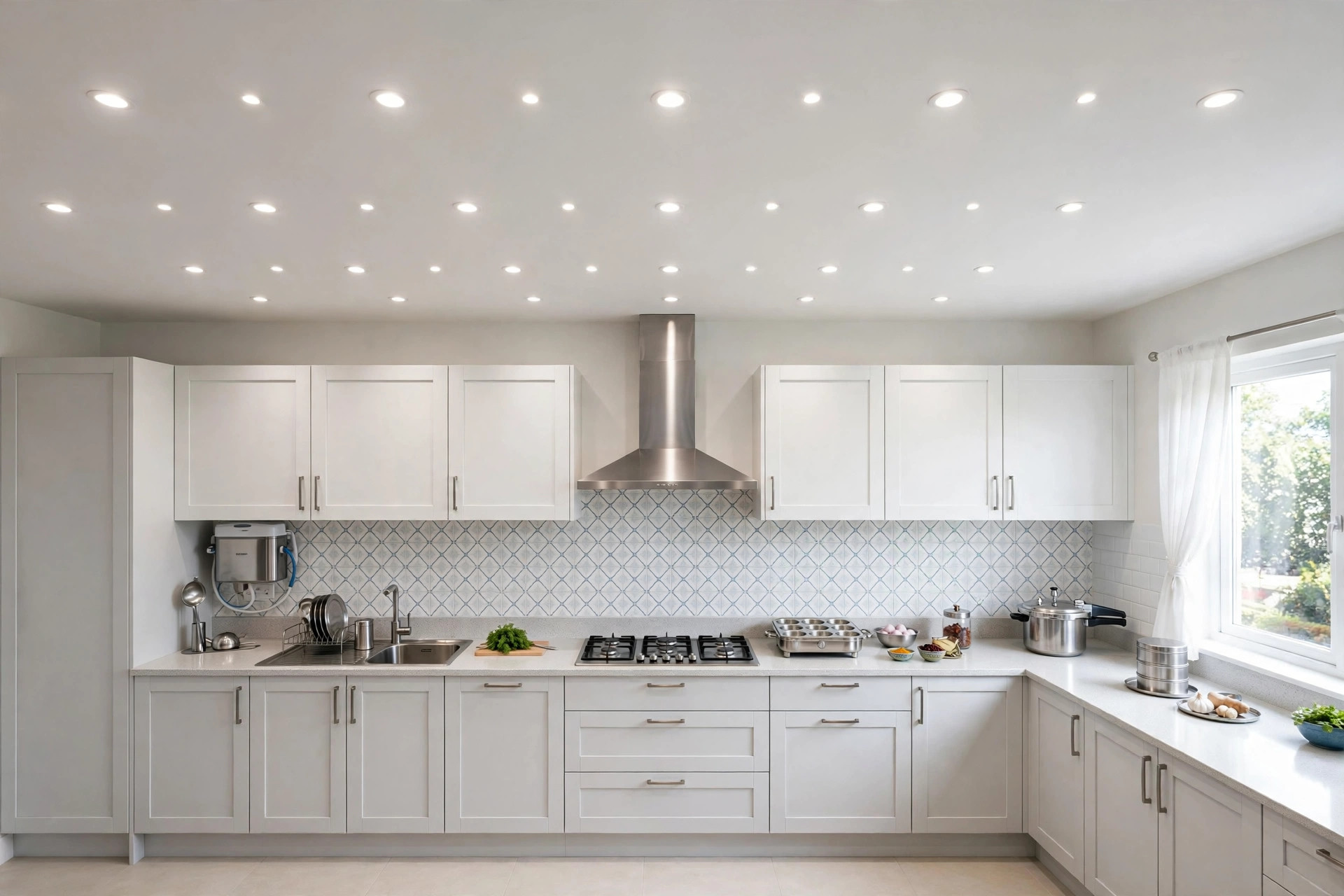 Kitchen with a flat gypsum false ceiling and recessed spotlights over counters