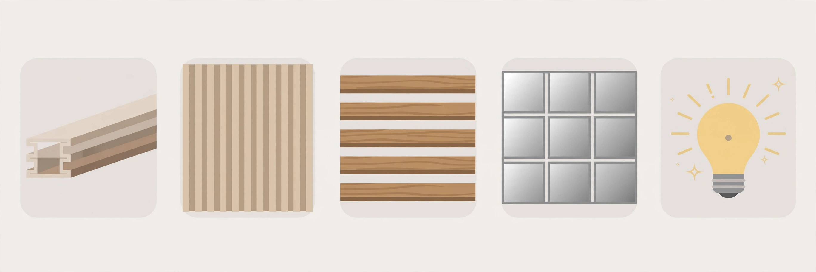 Diagram summarising the 2026 kitchen ceiling trends: minimal profiles, fluted panels, wood accents, smart light