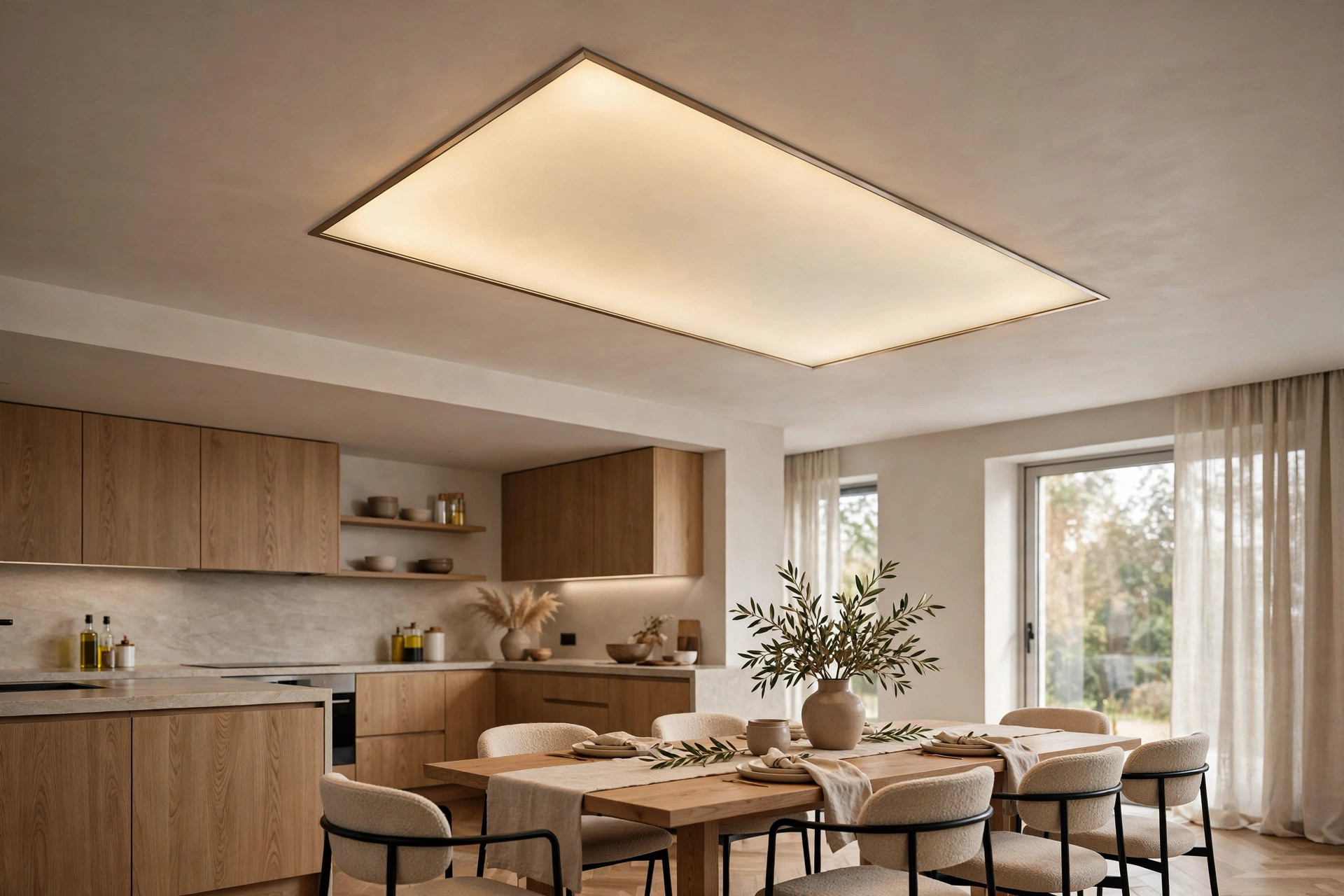 Kitchen with a backlit glass accent panel in the ceiling over the dining zone