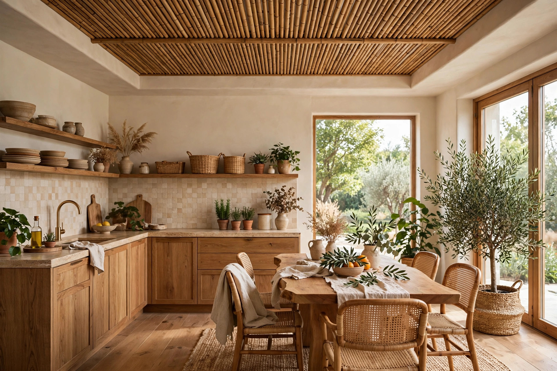 Kitchen dining area with a bamboo panel ceiling accent