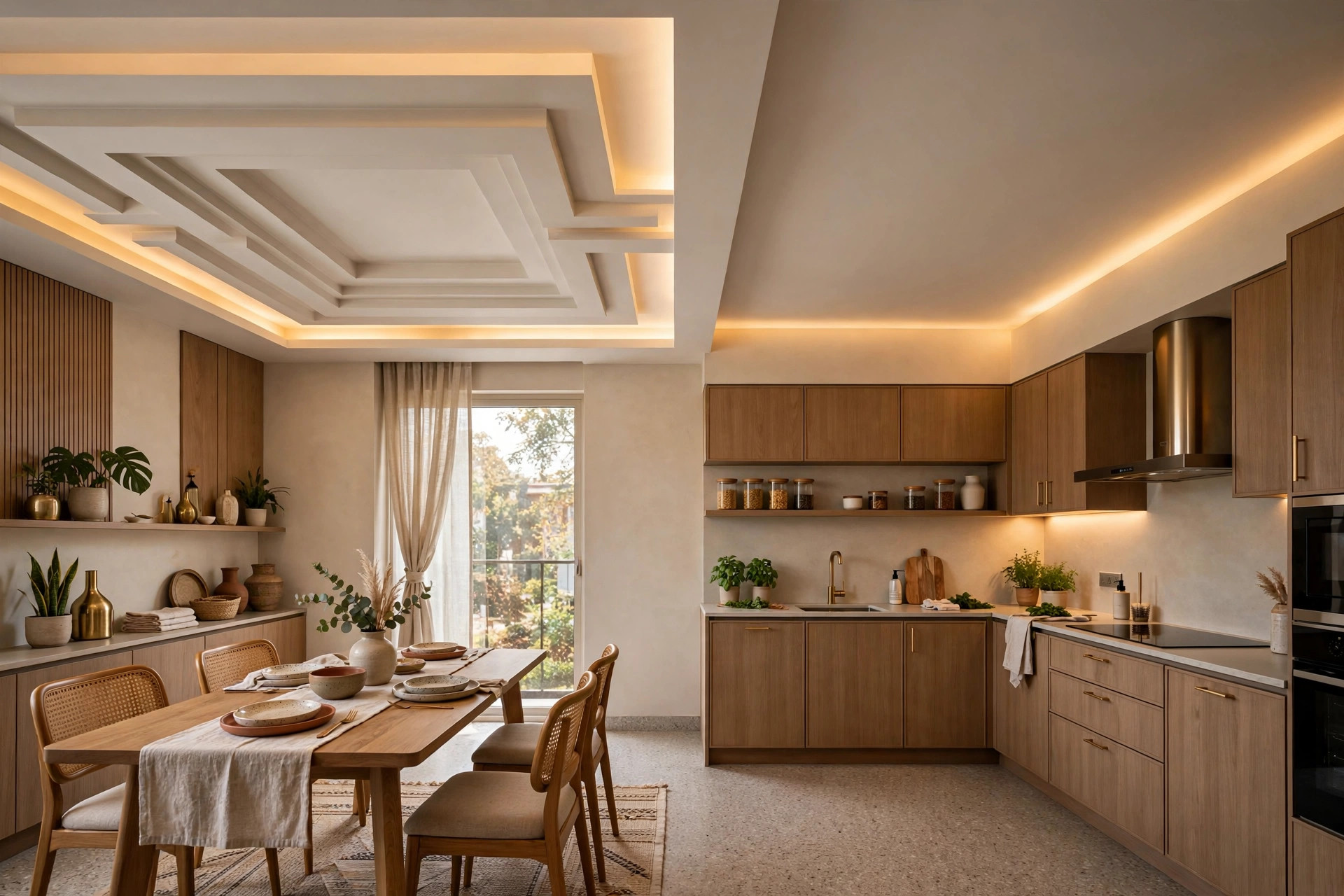 Open-plan kitchen and dining with a layered 2026 false ceiling