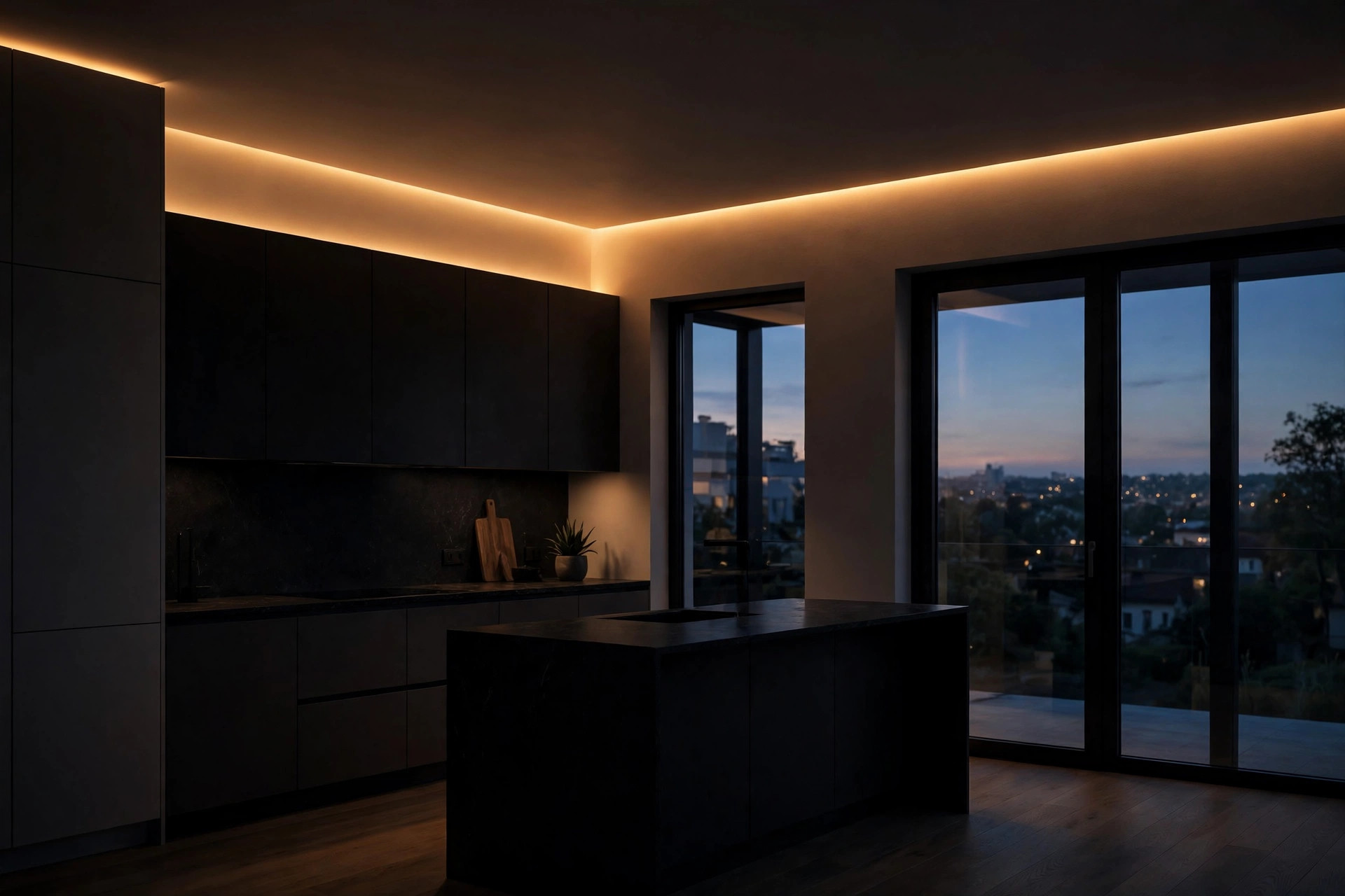 Kitchen with a warm cove lighting strip along the ceiling edge at dusk