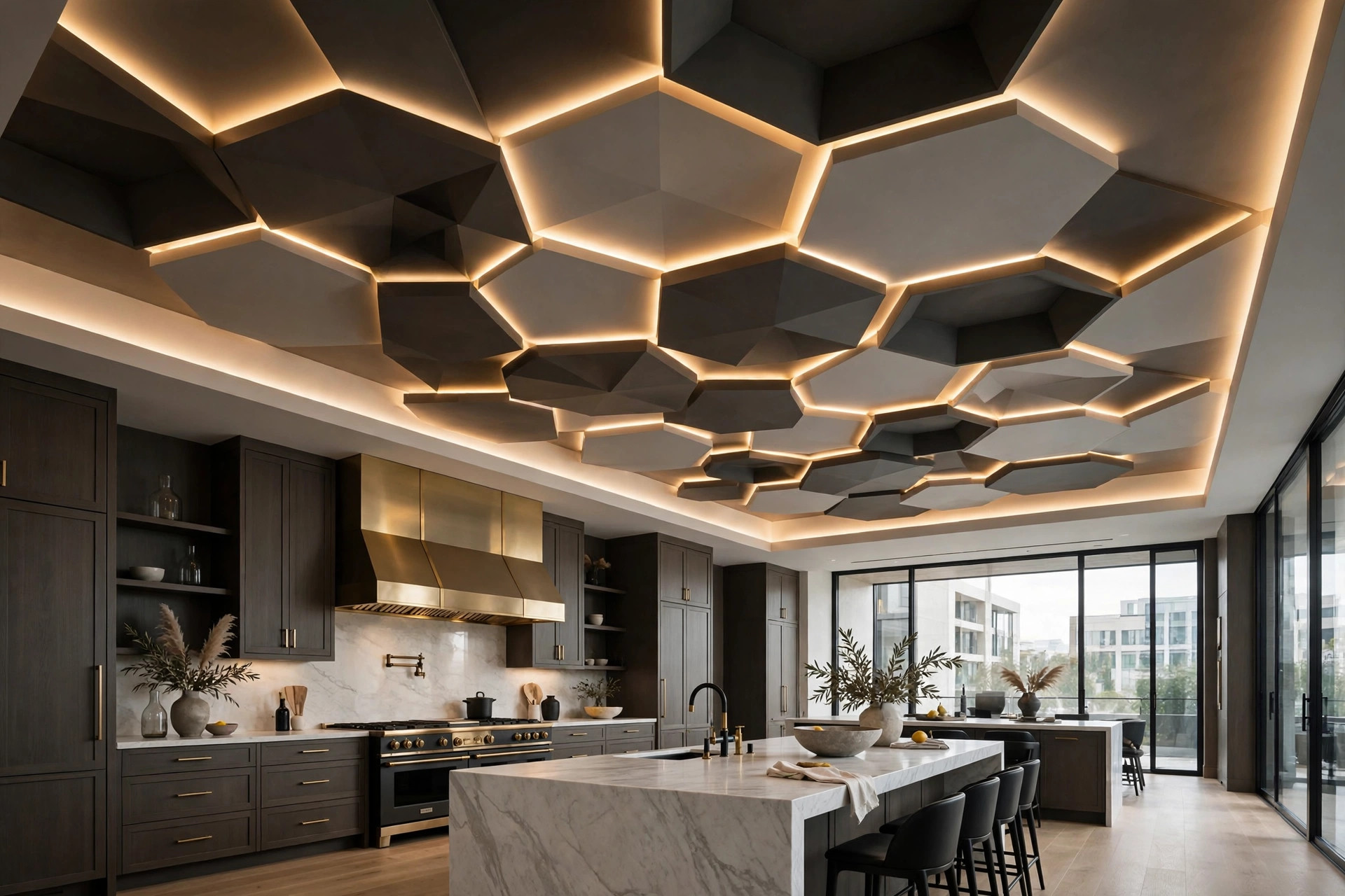 Large kitchen with a bold geometric 3D false ceiling
