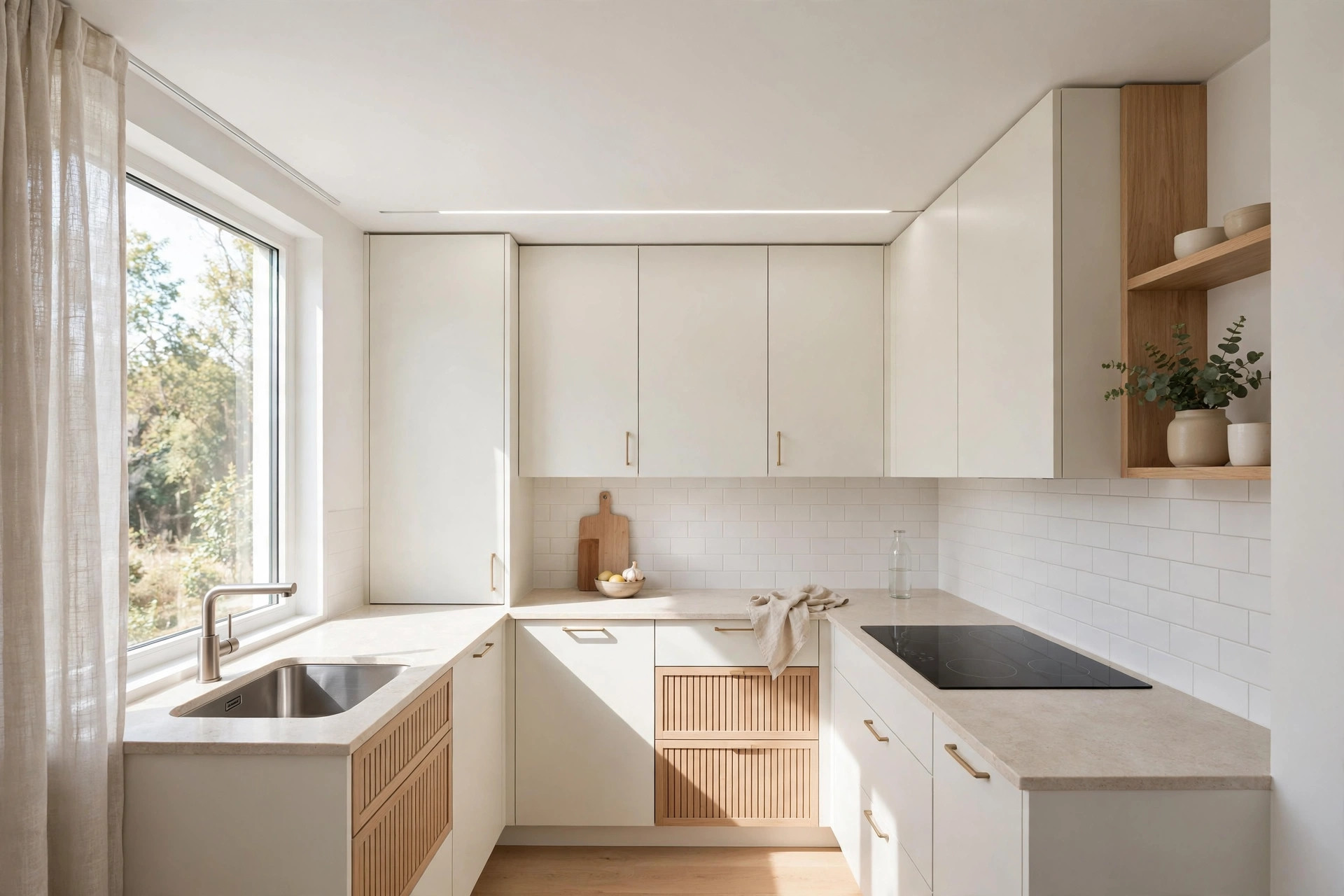 Small kitchen with a minimal flat false ceiling and a recessed light strip