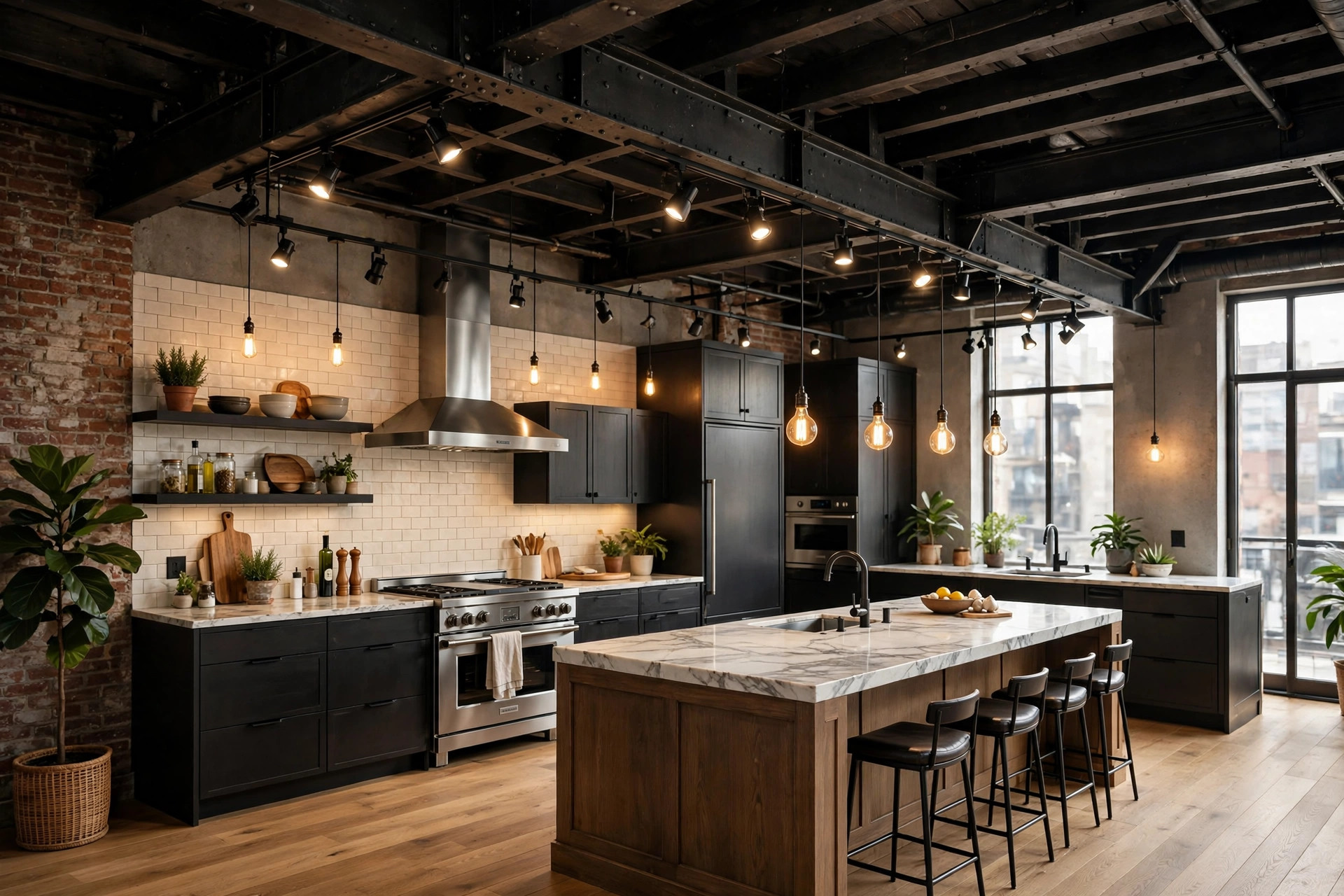 Large kitchen with dark industrial ceiling beams and track lighting