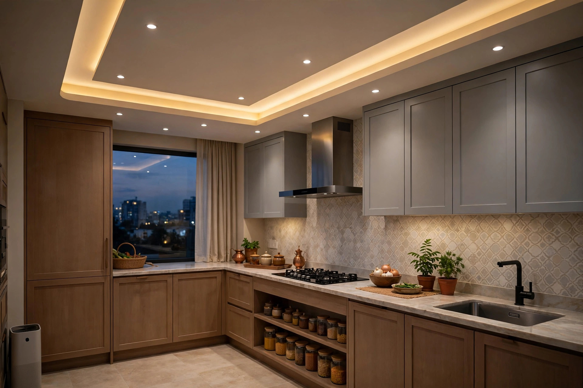 Modern kitchen at evening with a layered 2026 ceiling and warm lighting