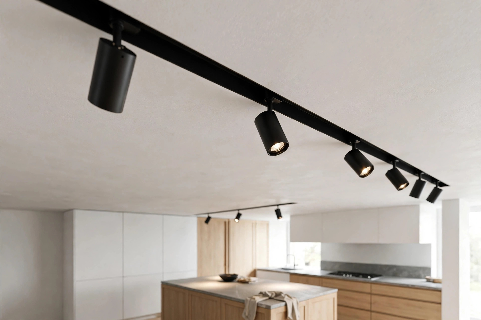 Kitchen ceiling with concealed magnetic track lighting over counters