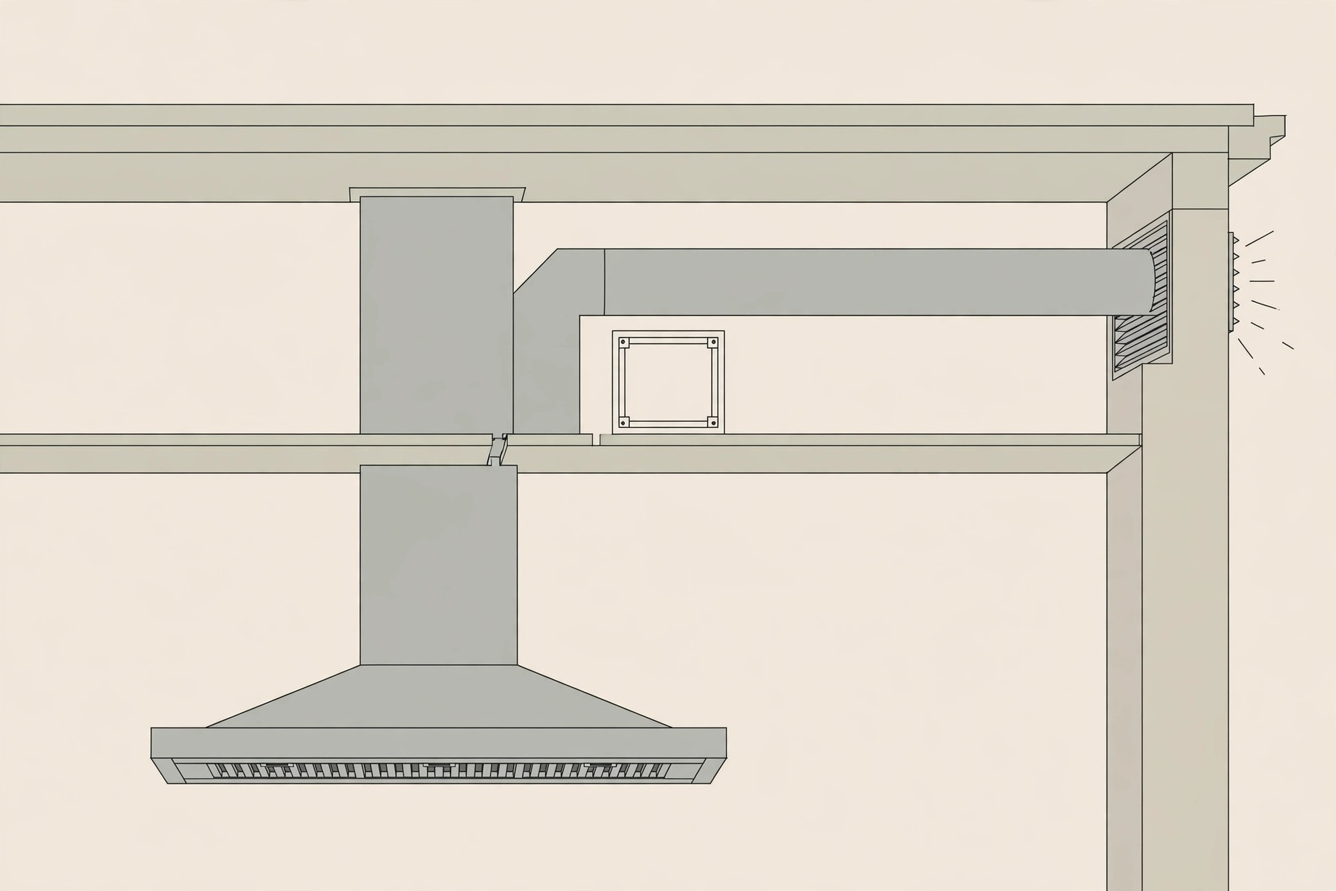 Diagram of chimney duct routing with an access panel in a kitchen ceiling