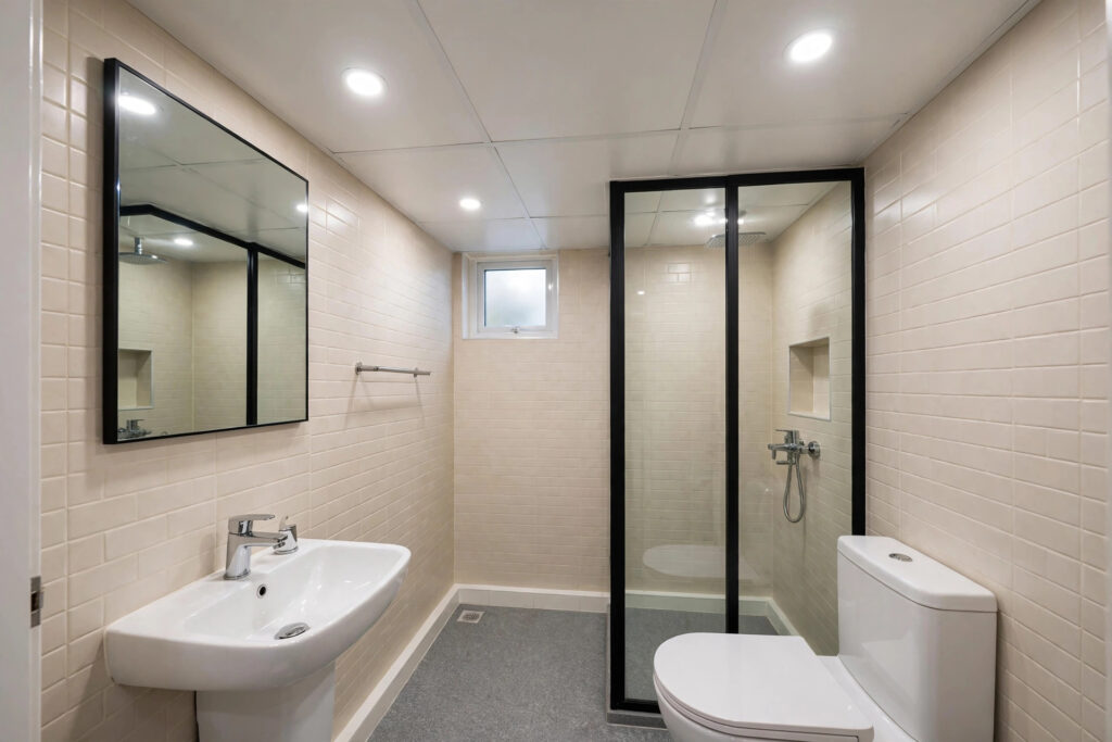 Small bathroom with a flat white PVC panel false ceiling and recessed lights