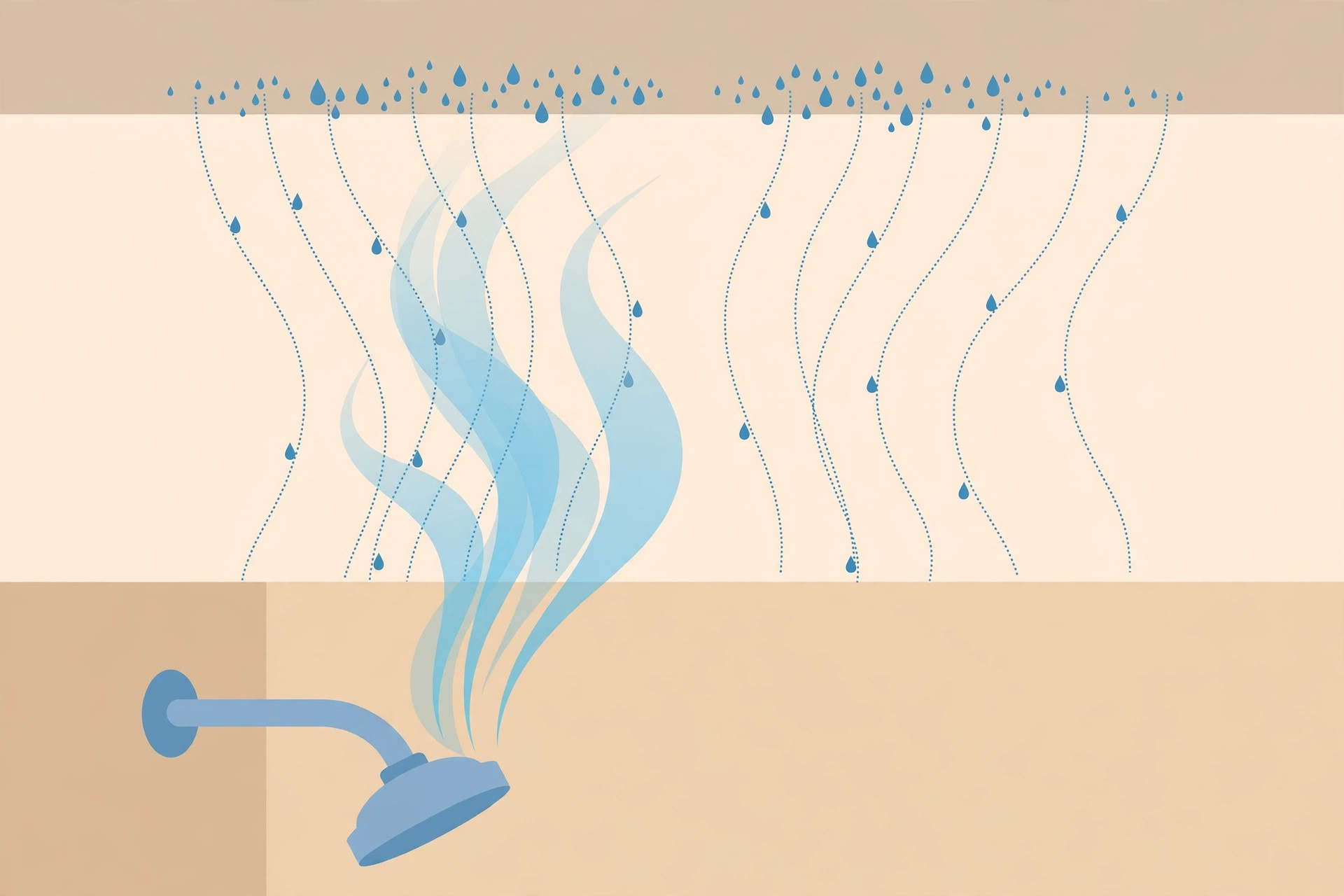 Diagram showing steam rising to the ceiling and moisture paths in a bathroom