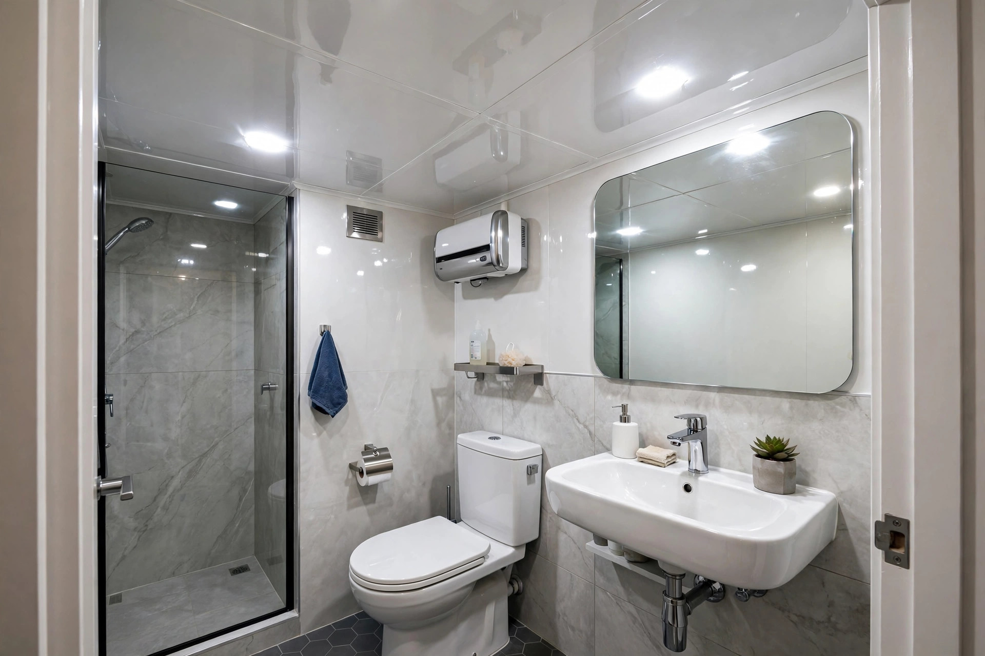 Small bathroom with glossy white PVC panel ceiling