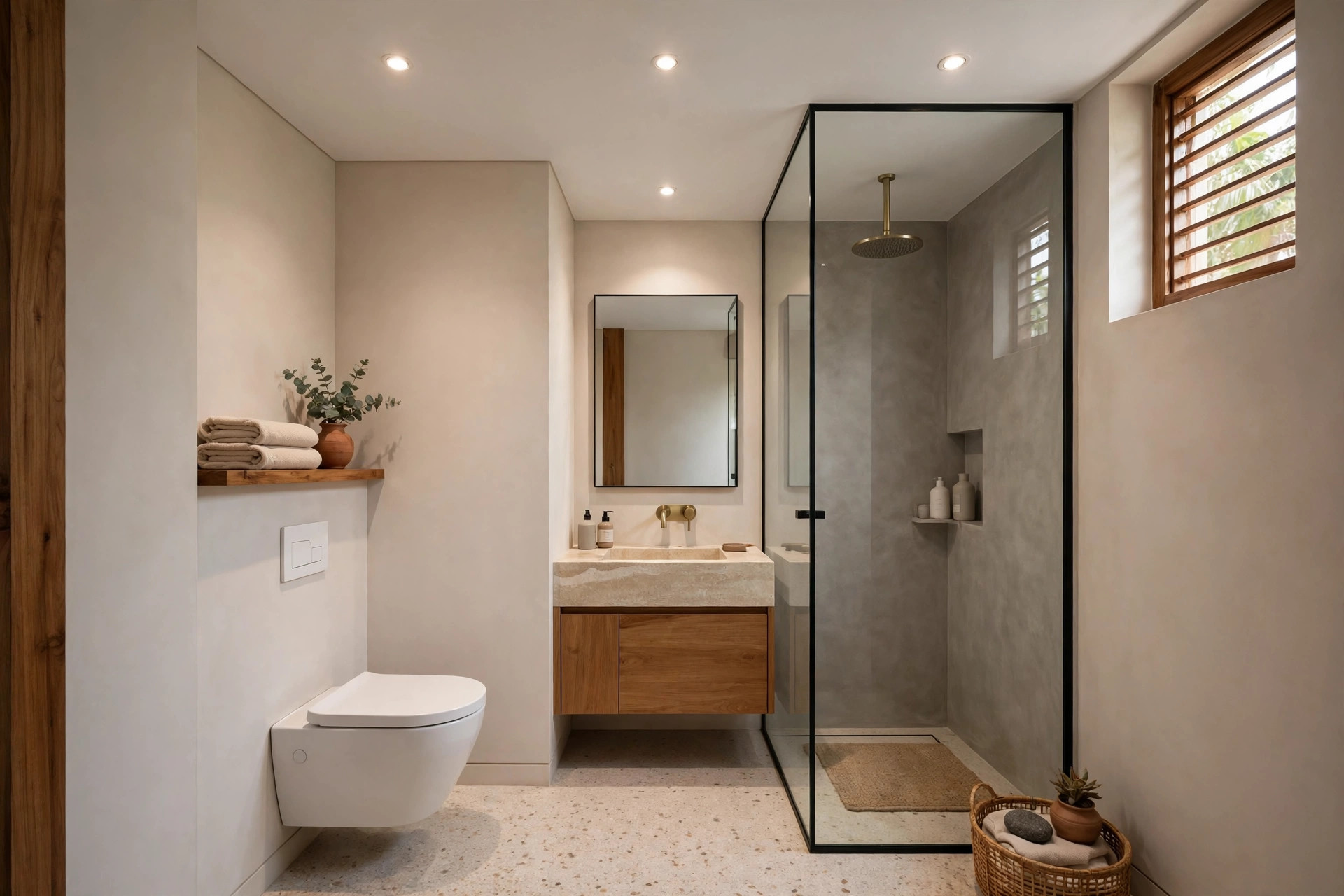 Small bathroom with a flat moisture-resistant gypsum ceiling and spotlights