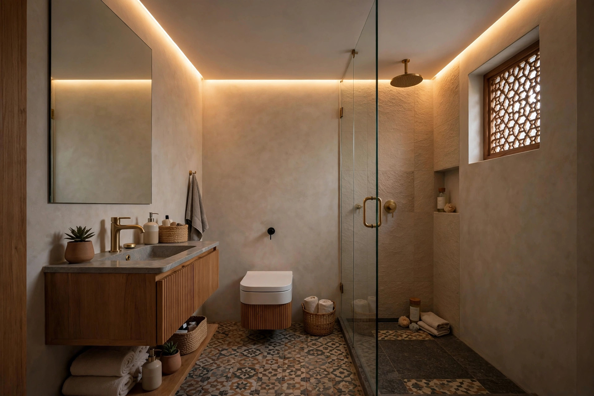 Small bathroom with a slim cove-lit border ceiling