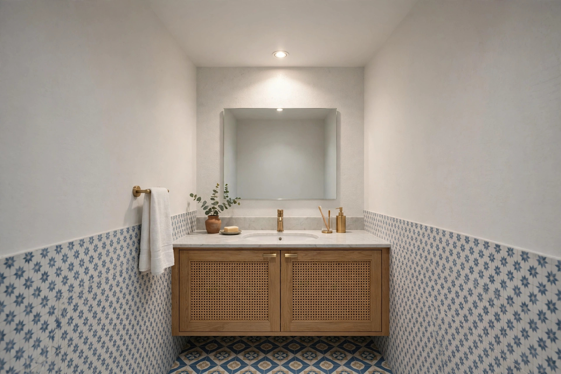 Small bathroom with a focused light zone over the vanity mirror