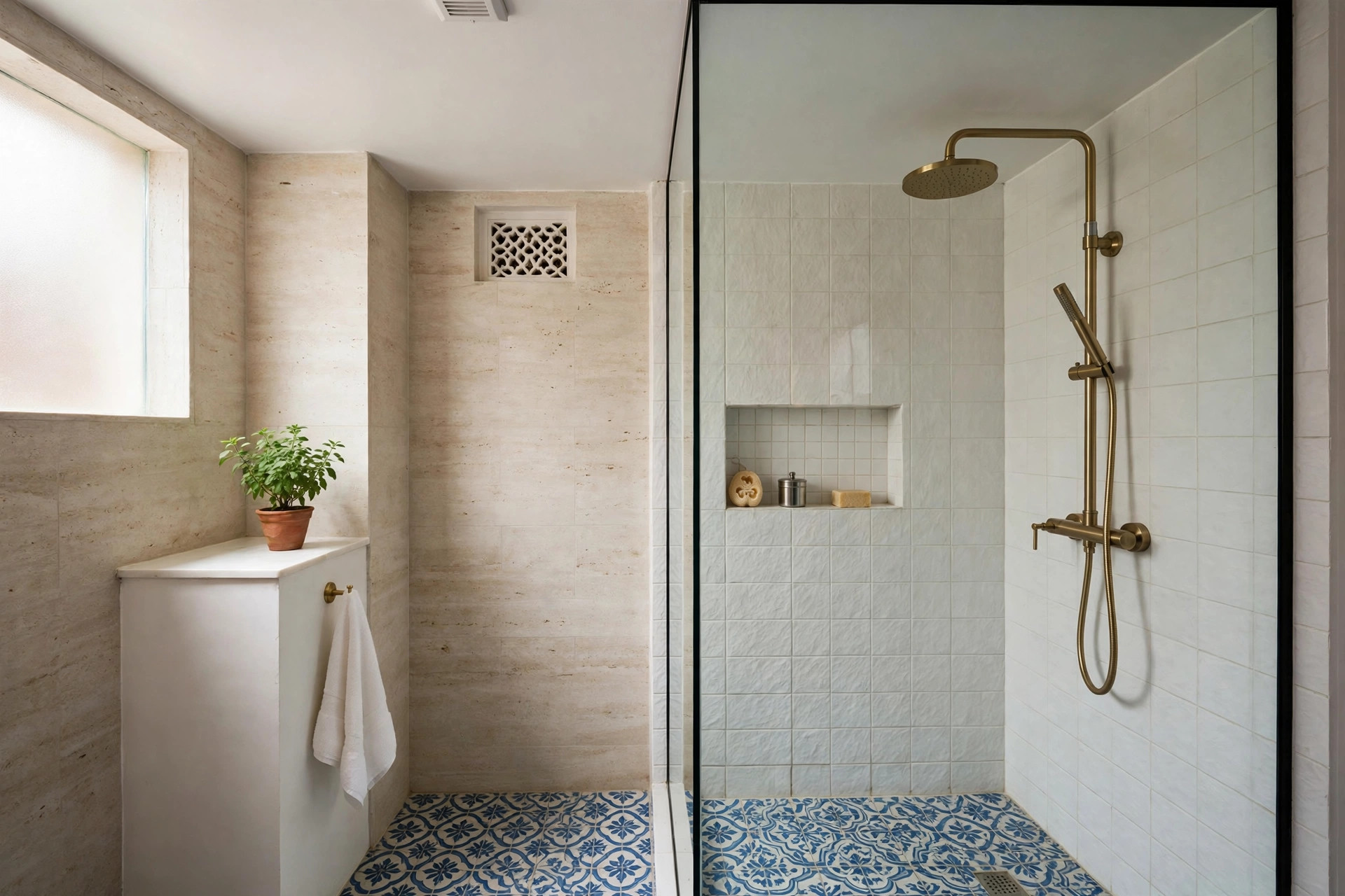Small bathroom with a simple flat ceiling over the shower zone