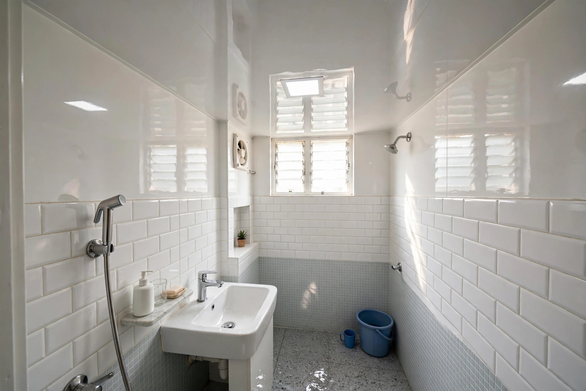 Small bathroom with a glossy reflective ceiling finish