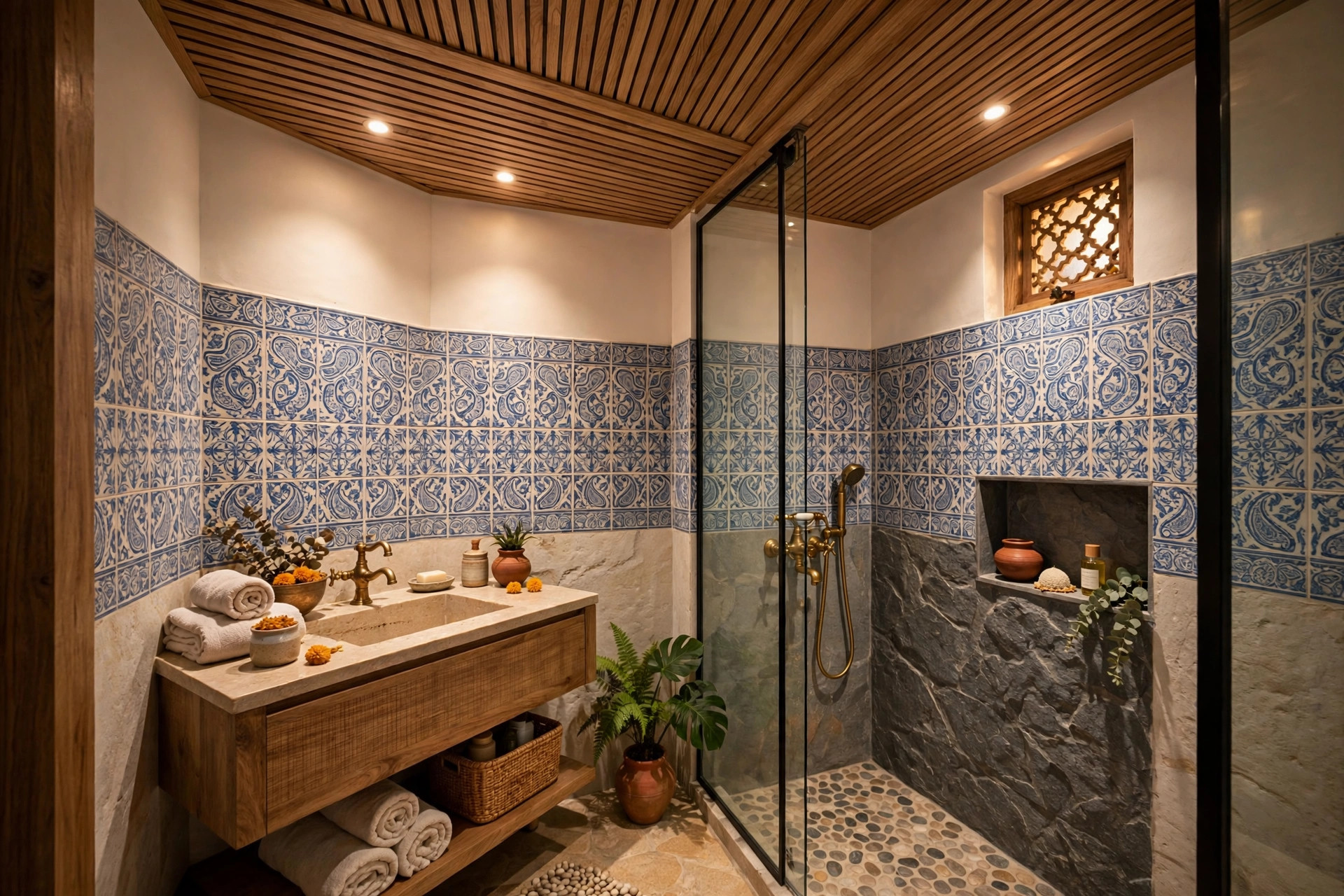 Small bathroom with wood-look PVC ceiling accent panels