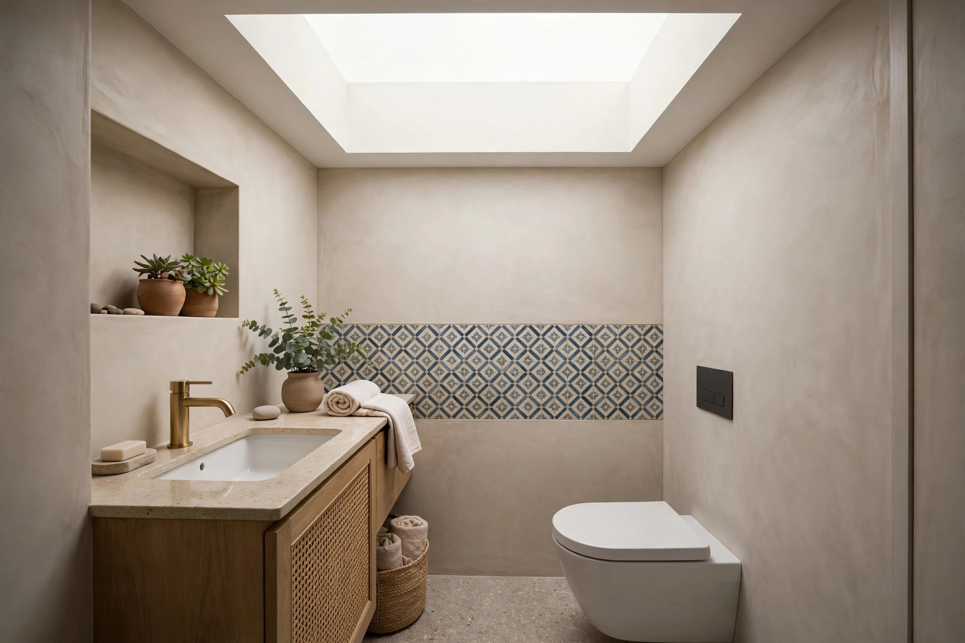 Small windowless bathroom with a backlit ceiling panel like a skylight