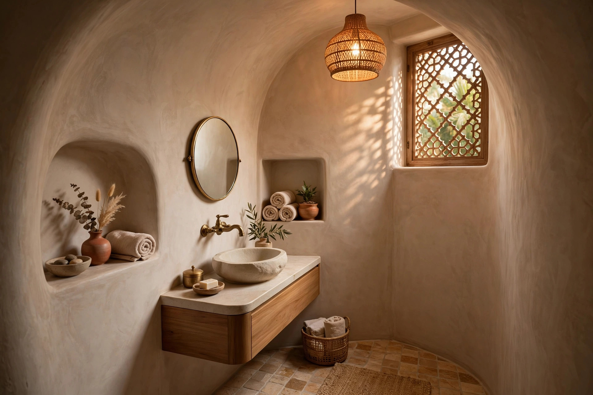 Premium small bathroom with curved microcement ceiling finish