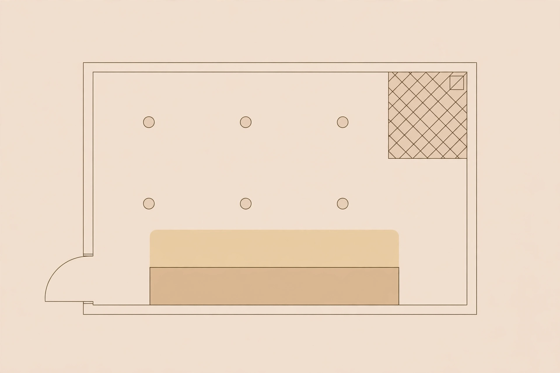Plan-view diagram of lighting positions in a small bathroom ceiling
