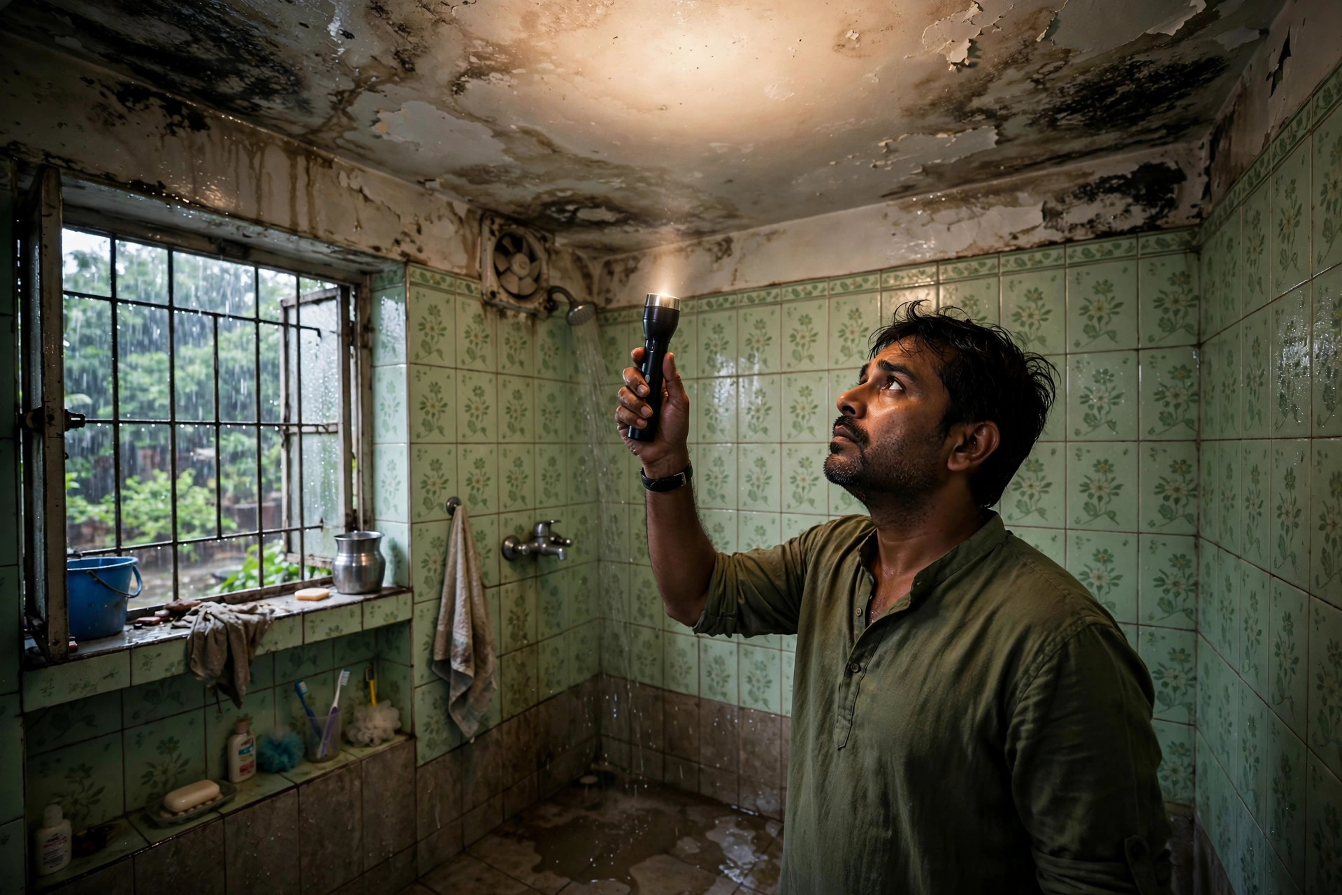 Homeowner inspecting a bathroom ceiling for moisture damage after monsoon