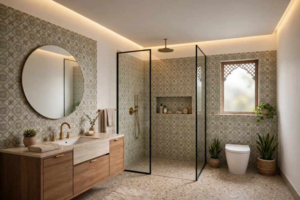 Modern Indian bathroom with a flat white false ceiling and warm cove lighting around the perimeter