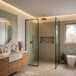 Modern Indian bathroom with a flat white false ceiling and warm cove lighting around the perimeter