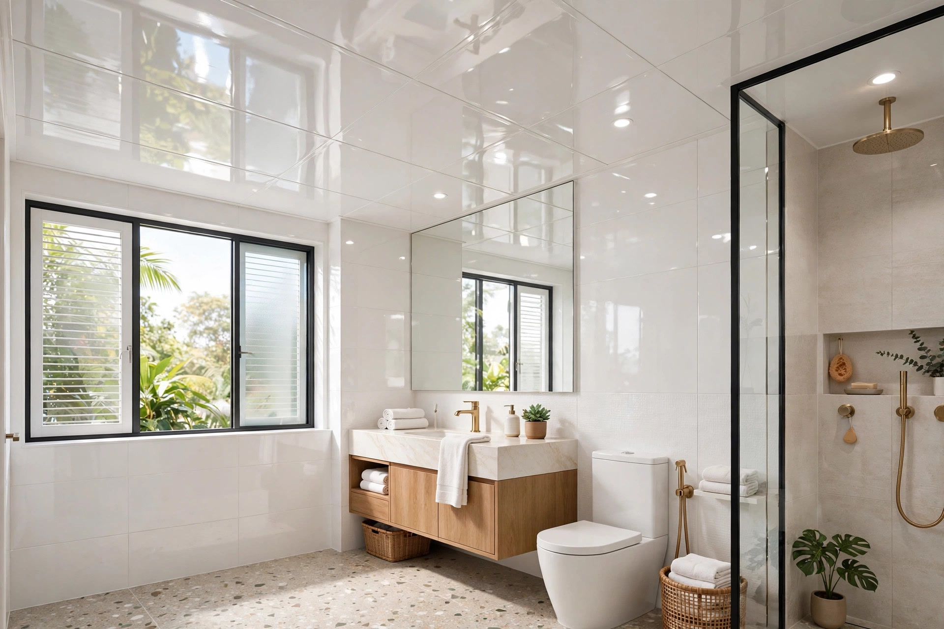 Modern bathroom with glossy white PVC panel ceiling reflecting light