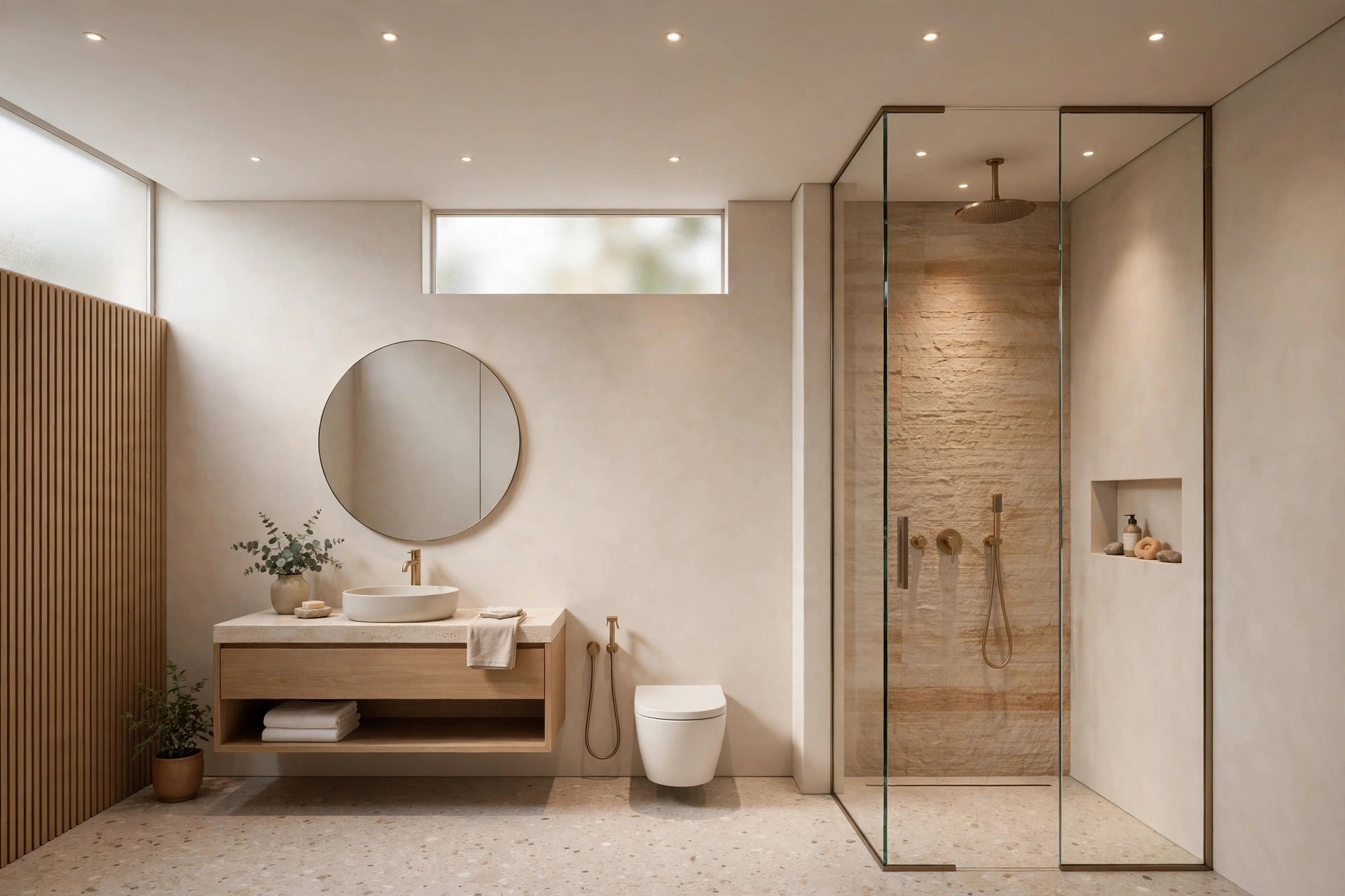 Minimalist modern bathroom with a seamless moisture-resistant gypsum ceiling and recessed lights