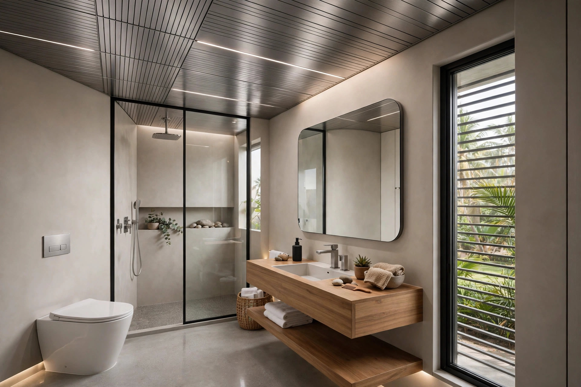 Modern bathroom with brushed aluminium panel ceiling