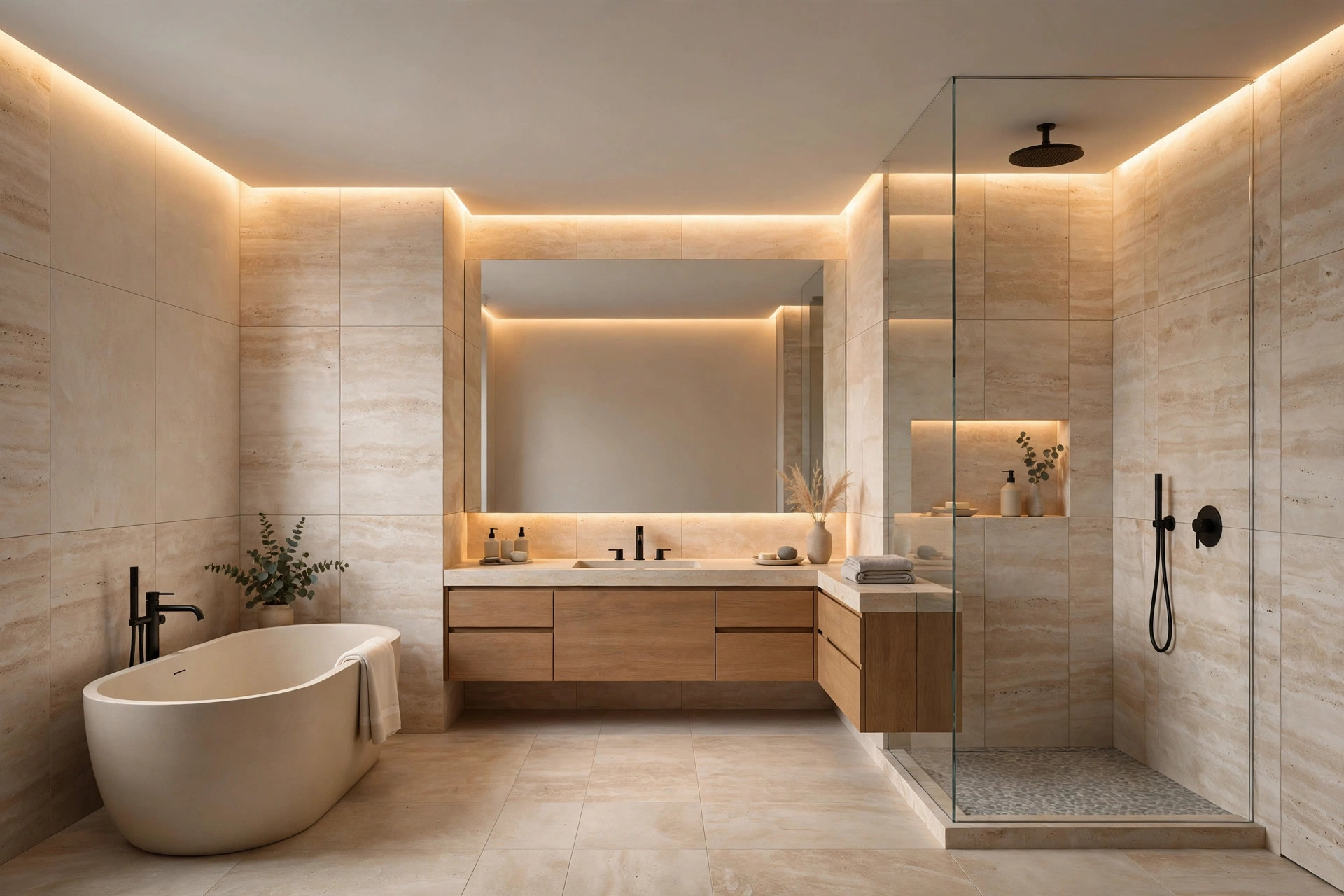 Bathroom with flat ceiling and hidden warm LED cove light around the perimeter