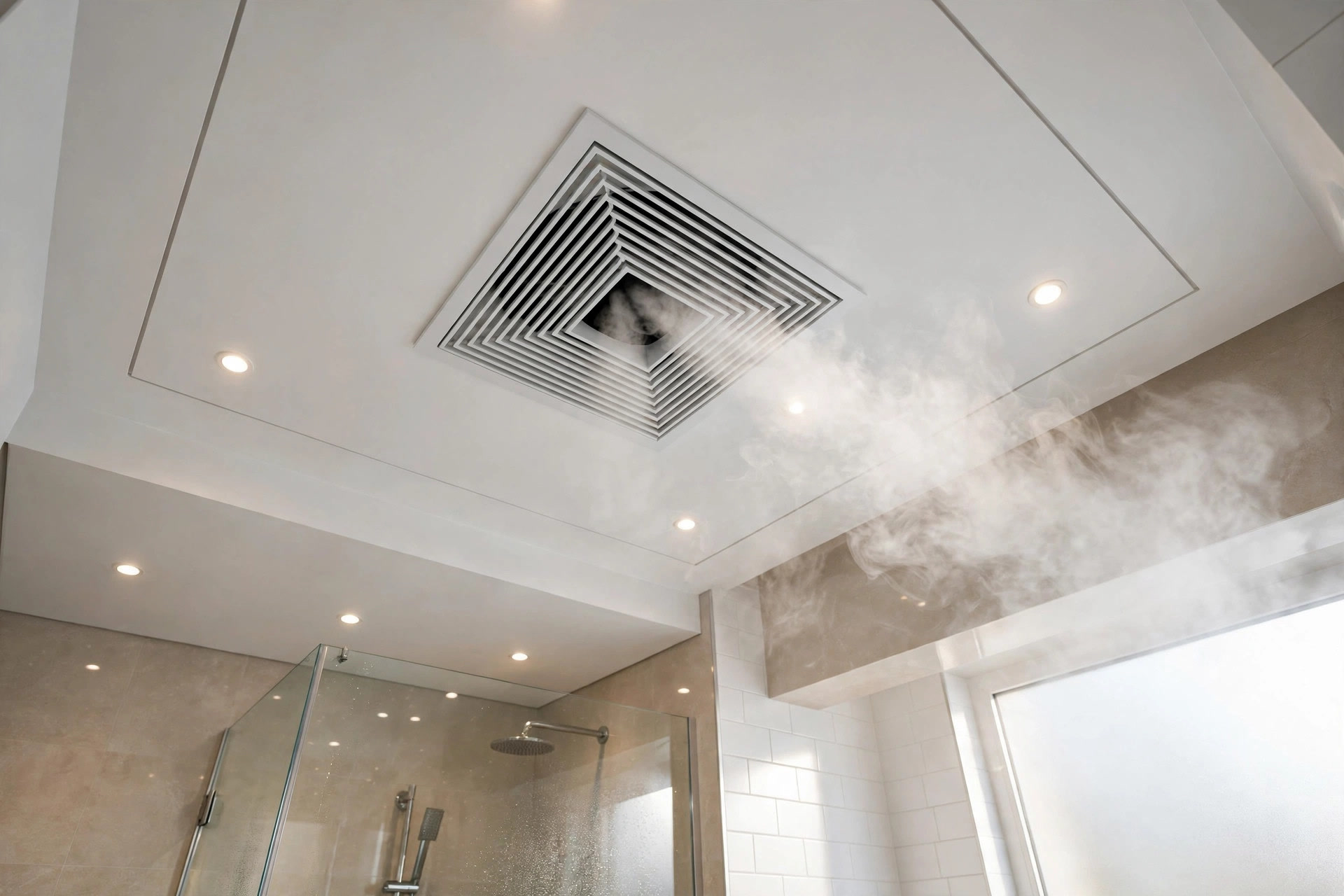 Modern bathroom ceiling with a planned exhaust fan venting steam out
