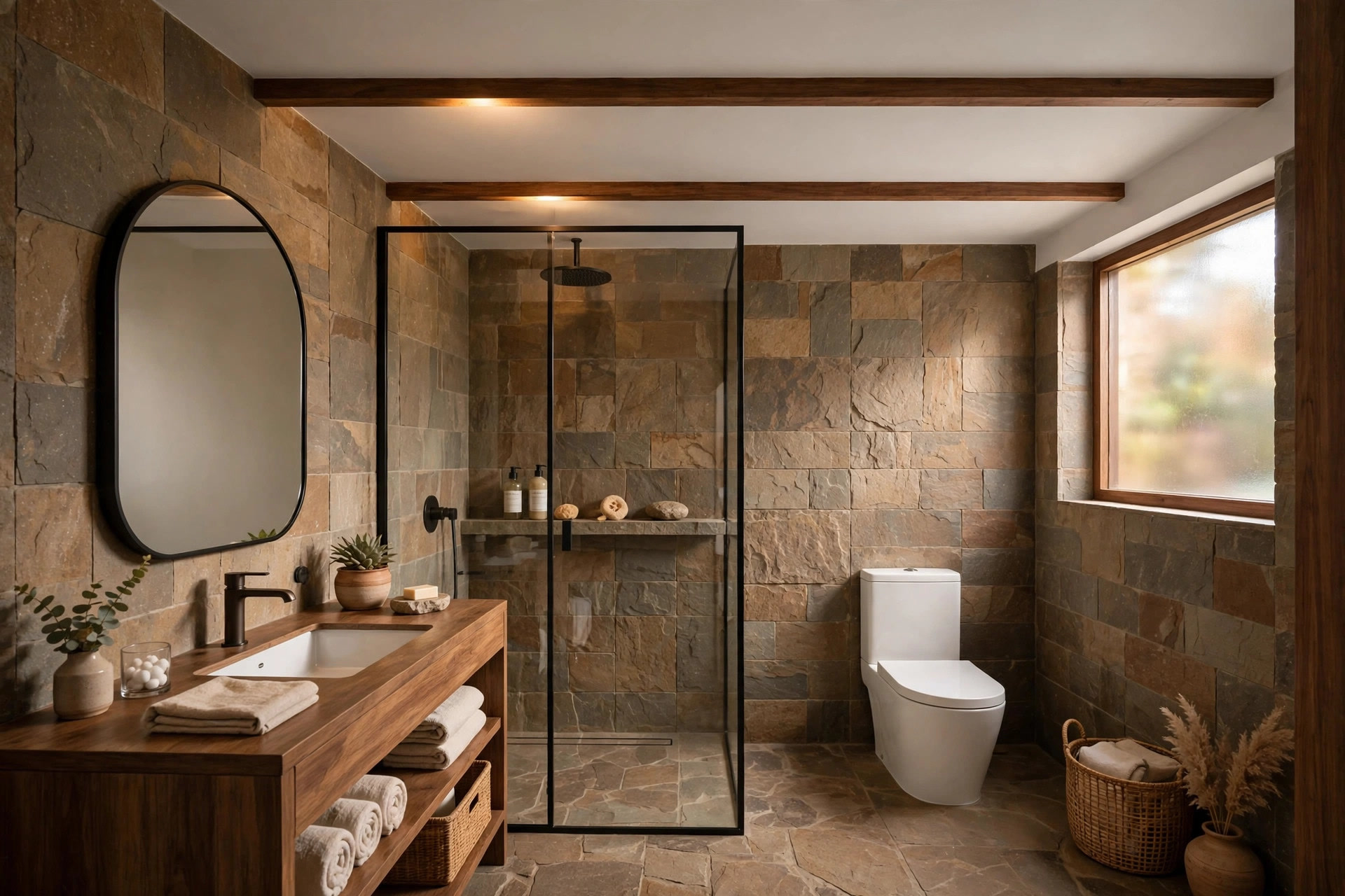 Modern bathroom with two slim wooden beams on a flat white ceiling
