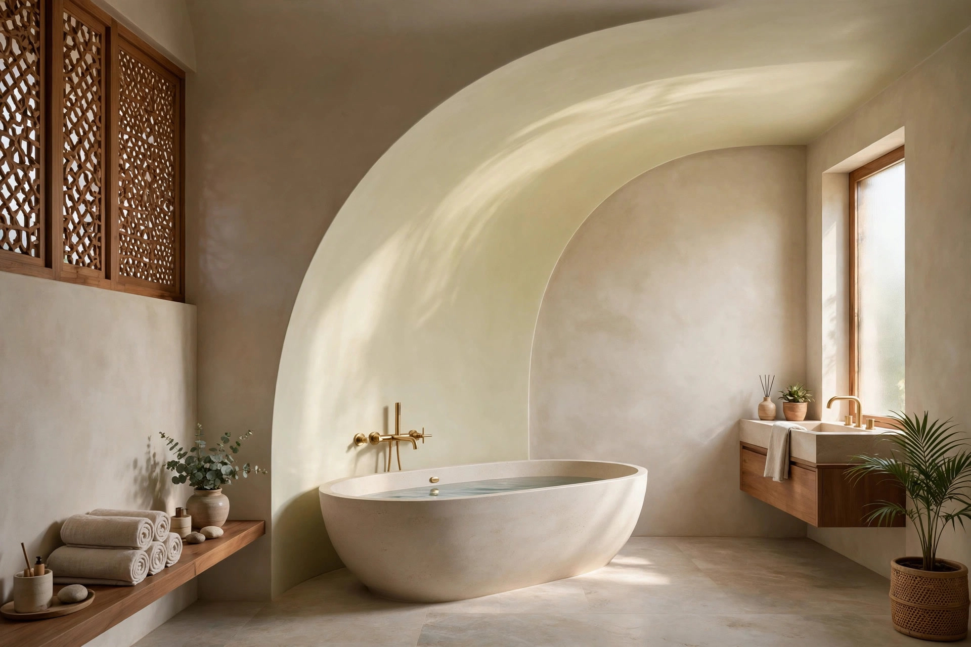 Modern bathroom with a gently curved ceiling section over the bathtub