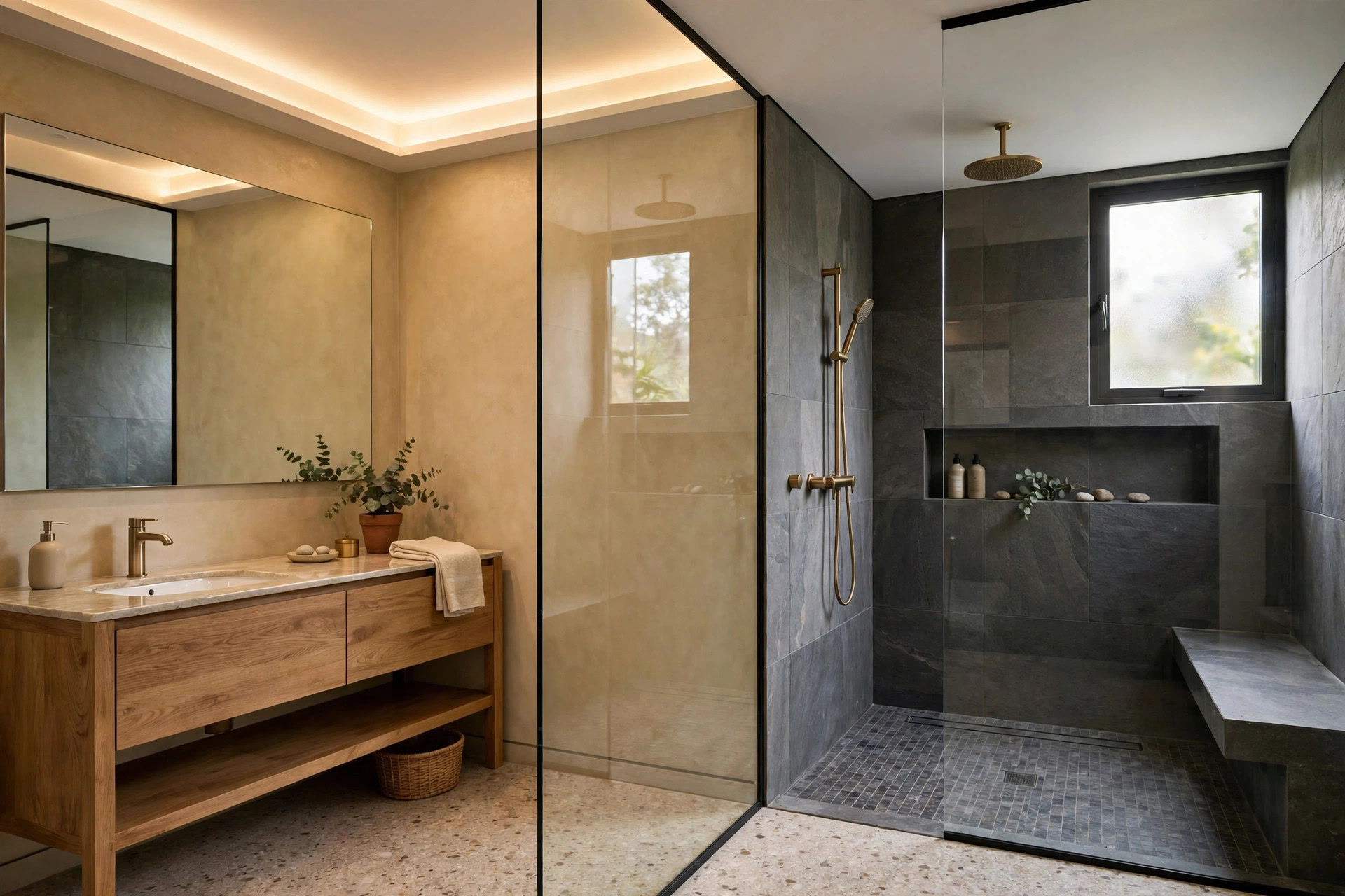 Bathroom with glass partition, simple sealed ceiling over the wet zone and cove lighting over the dry zone