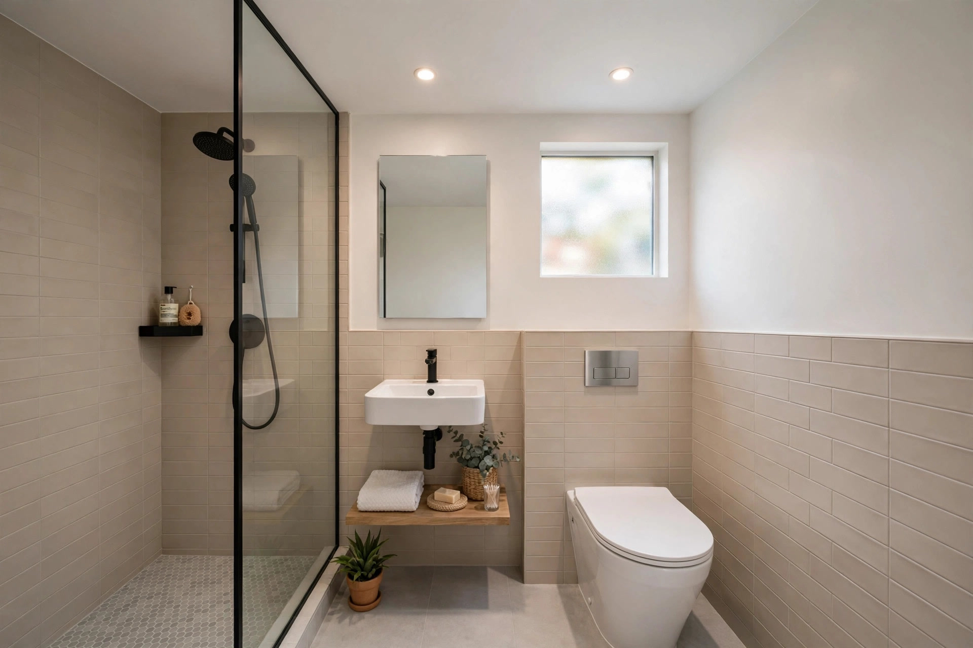 Small Indian bathroom with a flat bright white ceiling and two recessed lights
