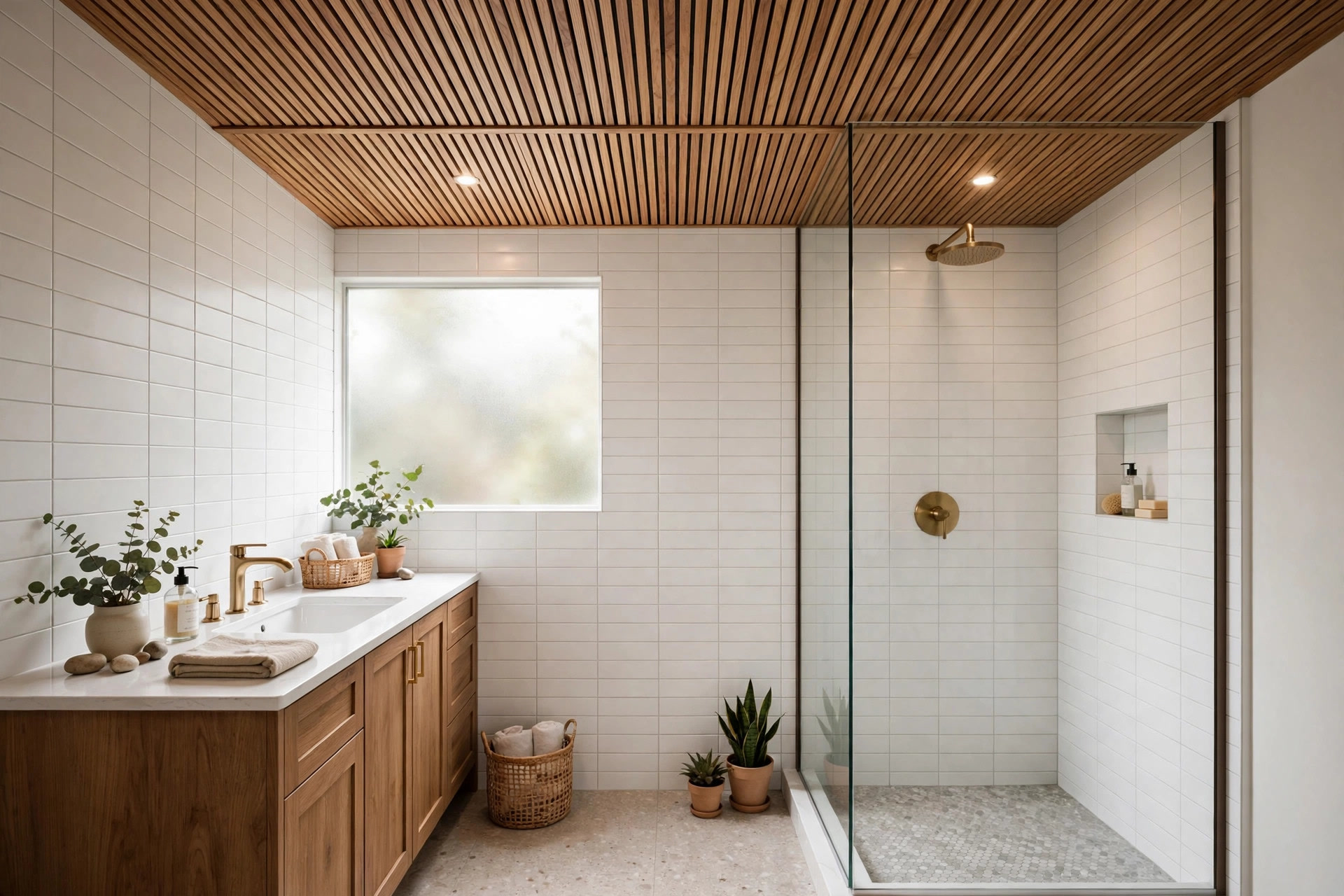 Modern bathroom with wood-look PVC panel ceiling adding warmth