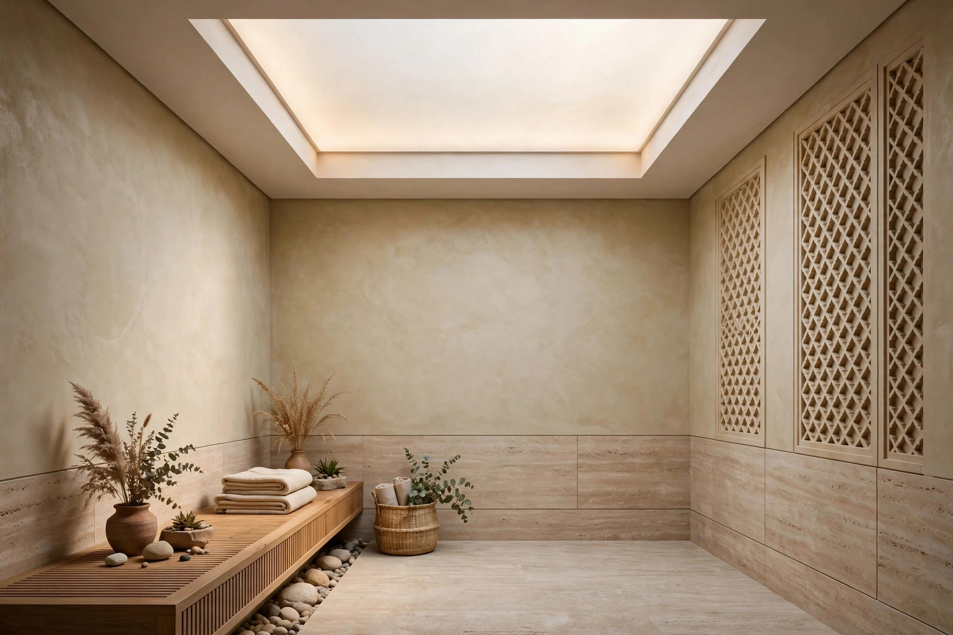 Modern bathroom with a single backlit ceiling panel glowing softly like a skylight